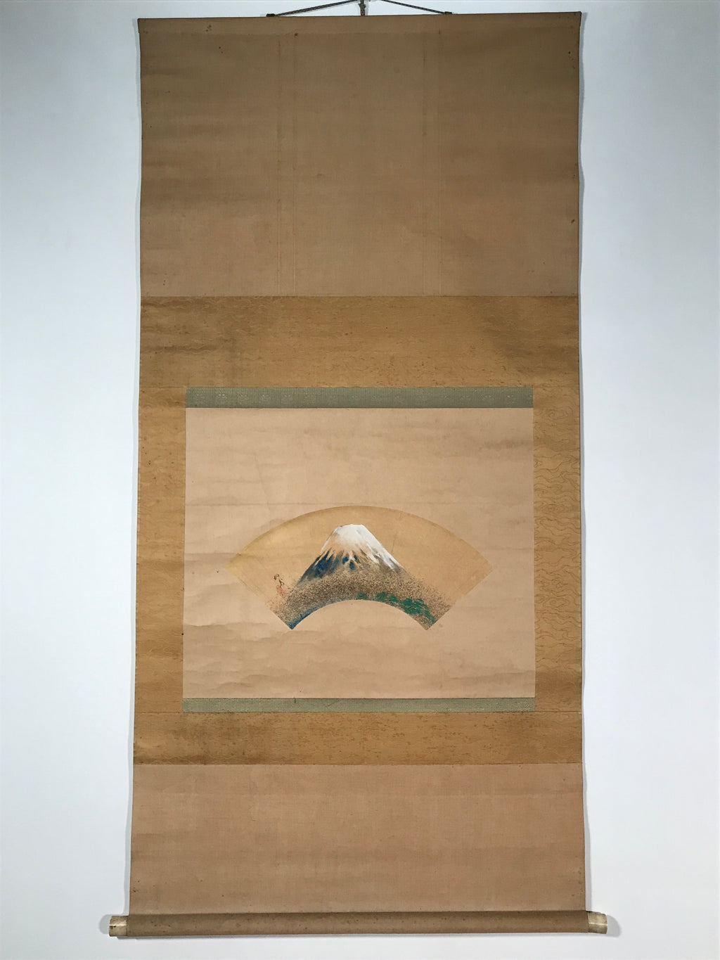 Japanese Hanging Scroll Vtg Kakejiku Mount Fuji Folding Fan Landscape Color KJ77