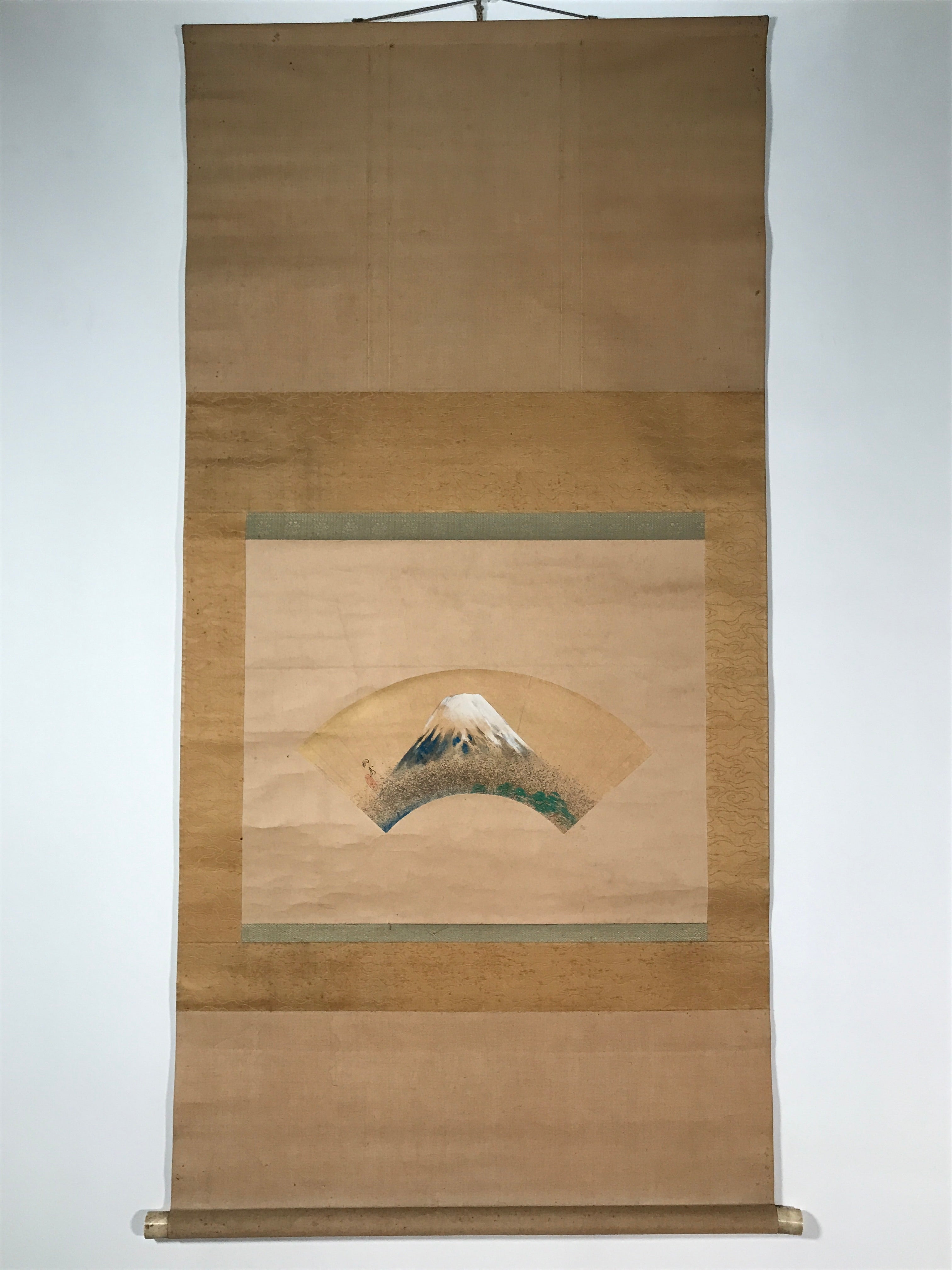 Japanese Hanging Scroll Vtg Kakejiku Mount Fuji Folding Fan Landscape Color KJ77