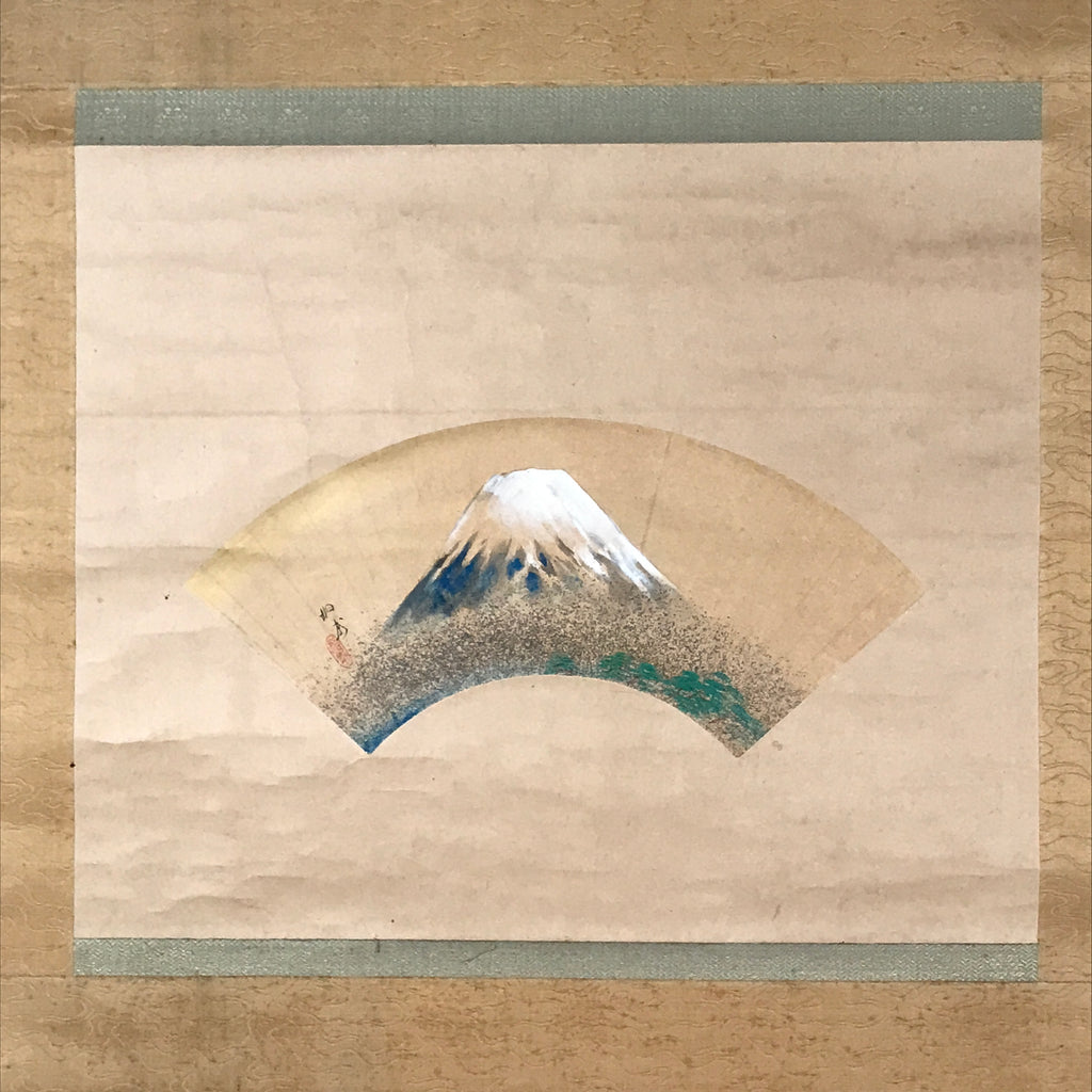 Japanese Hanging Scroll Vtg Kakejiku Mount Fuji Folding Fan Landscape Color KJ77
