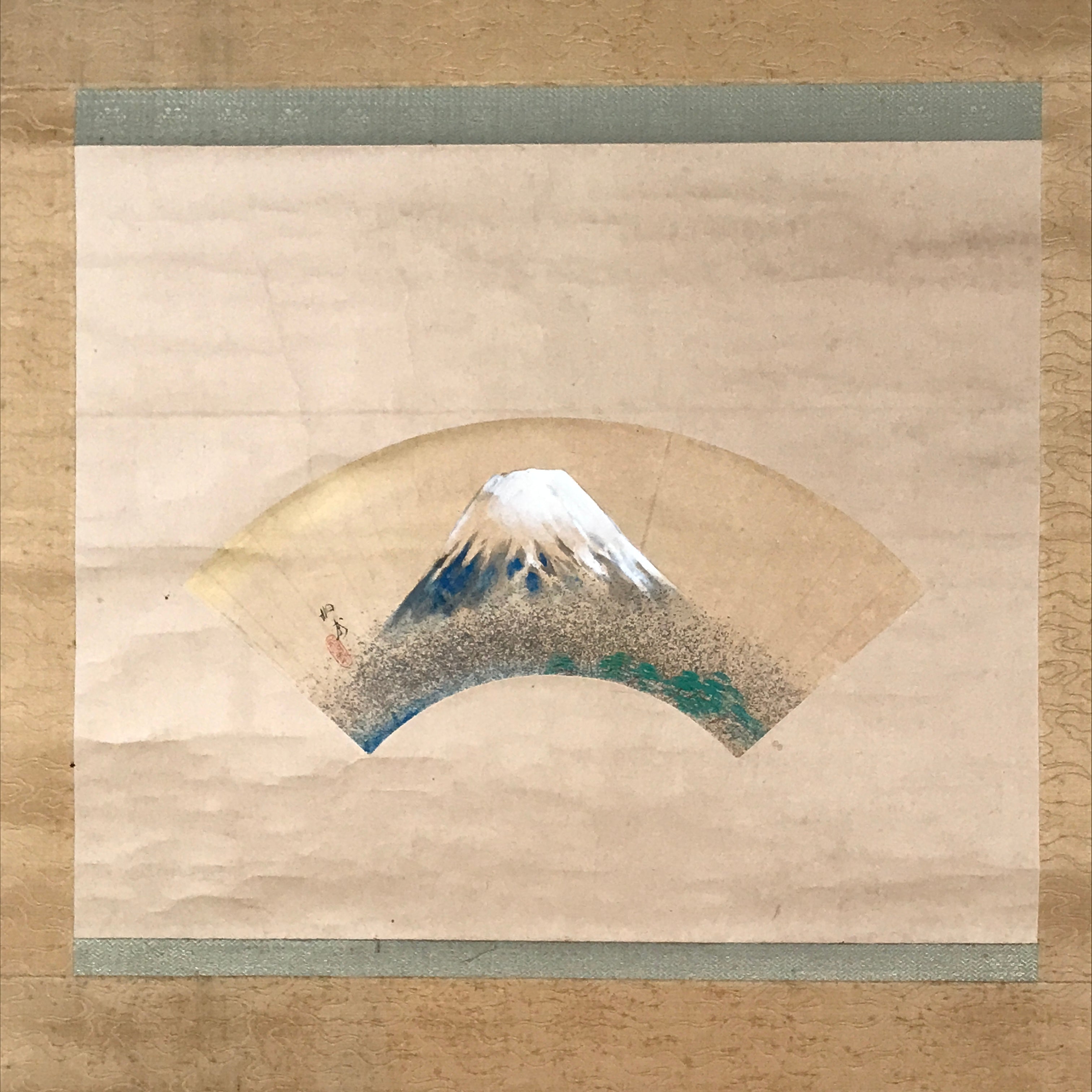 Japanese Hanging Scroll Vtg Kakejiku Mount Fuji Folding Fan Landscape Color KJ77