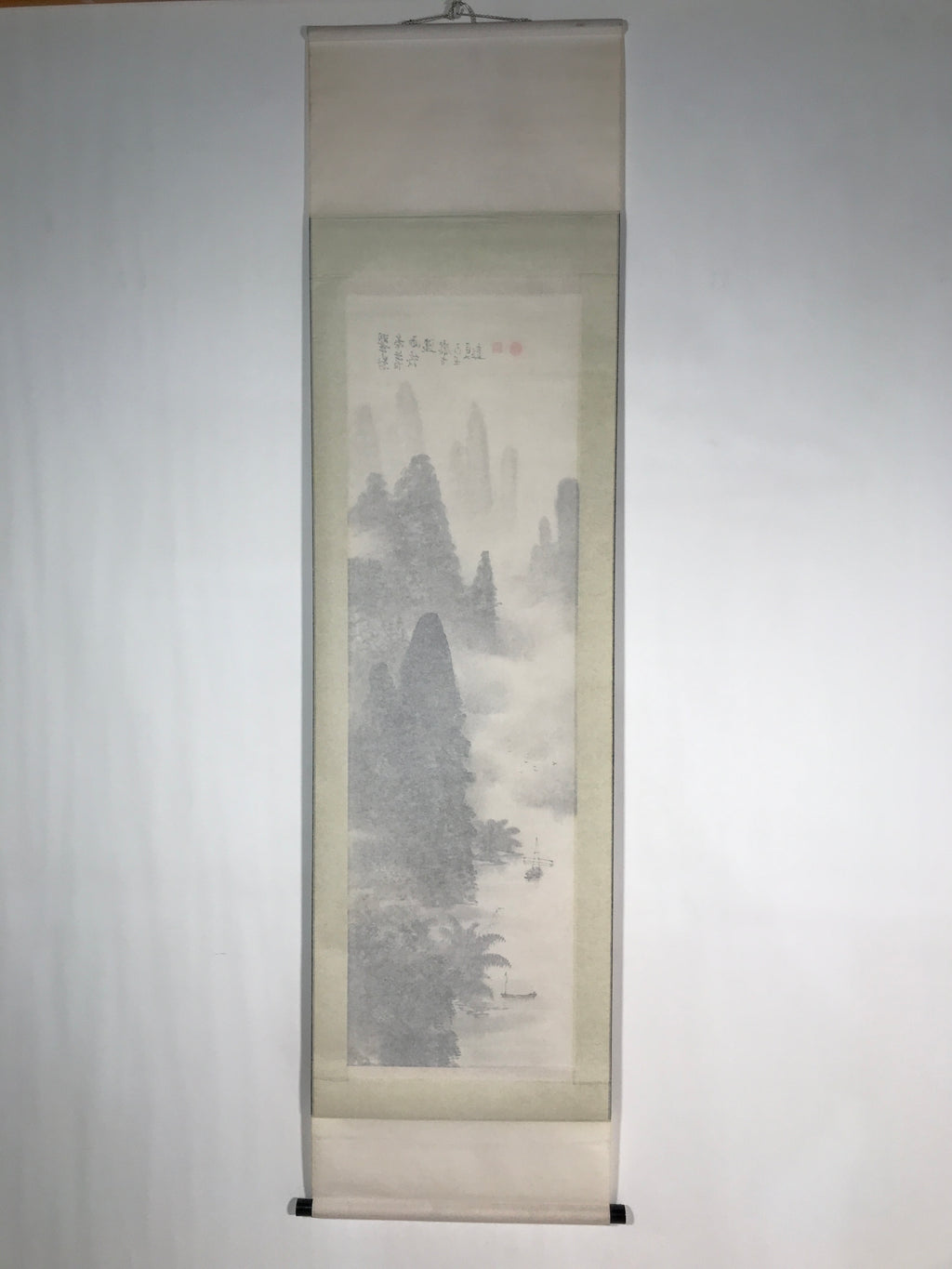 Japanese Hanging Scroll Vtg Kakejiku Mountain River Boat Sansui Landscape KJ47