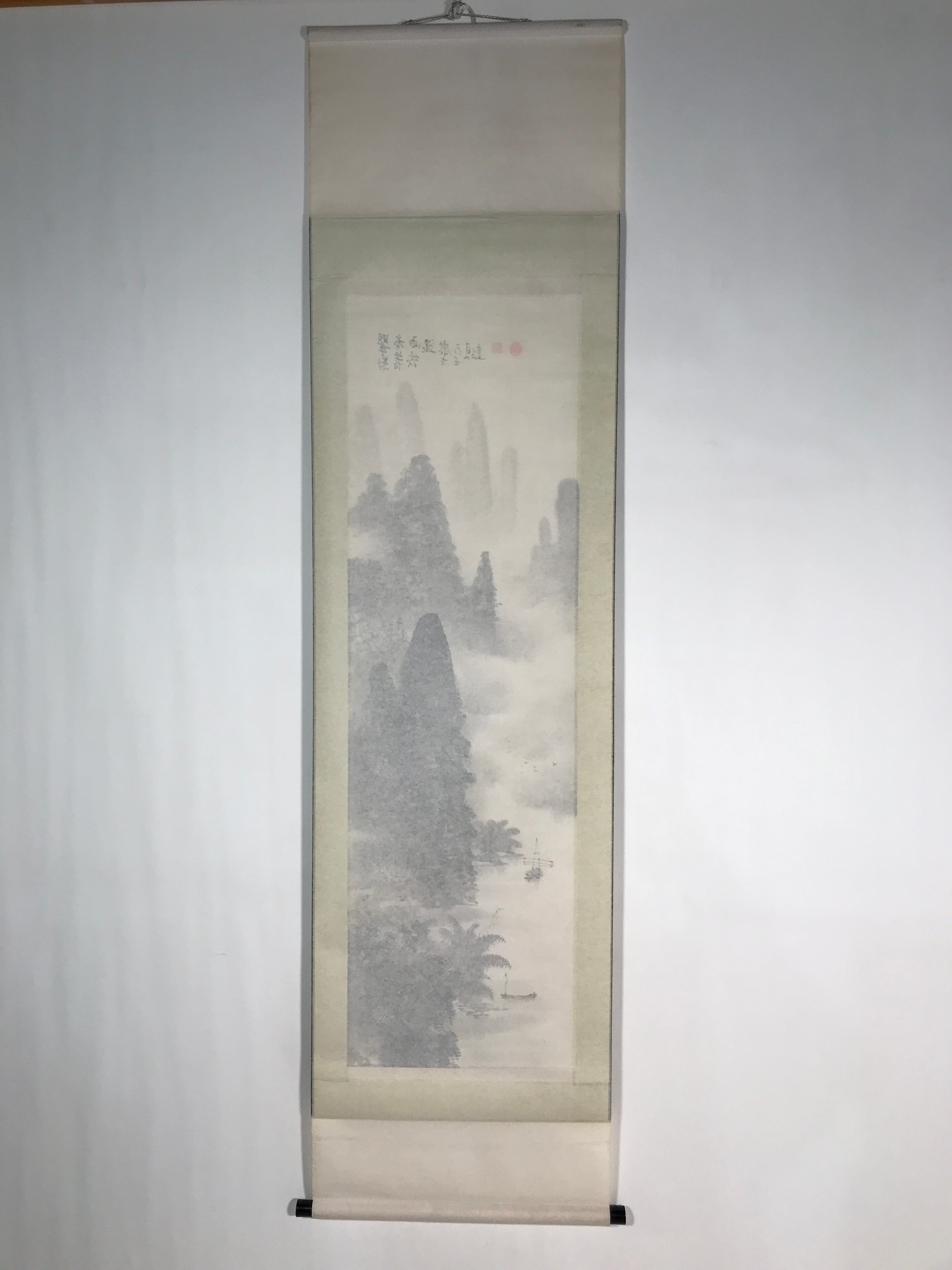 Japanese Hanging Scroll Vtg Kakejiku Mountain River Boat Sansui Landscape KJ47