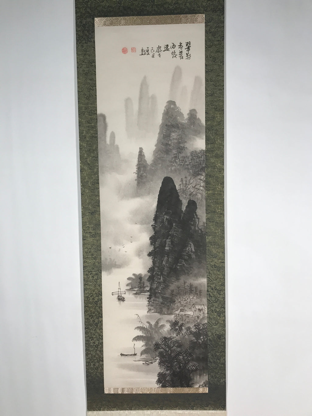Japanese Hanging Scroll Vtg Kakejiku Mountain River Boat Sansui Landscape KJ47