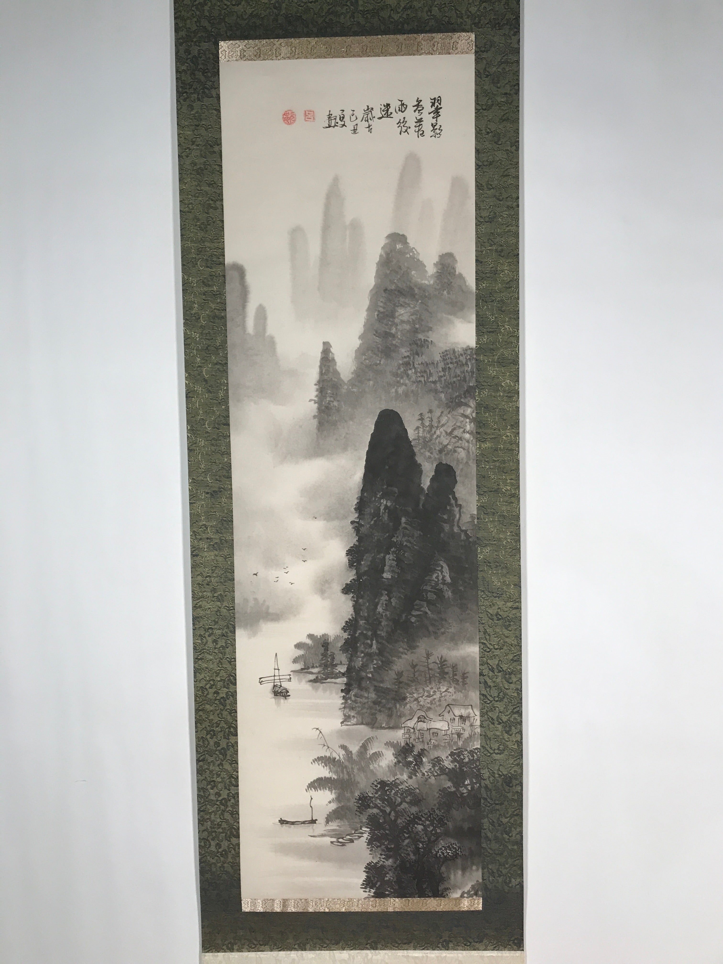 Japanese Hanging Scroll Vtg Kakejiku Mountain River Boat Sansui Landscape KJ47