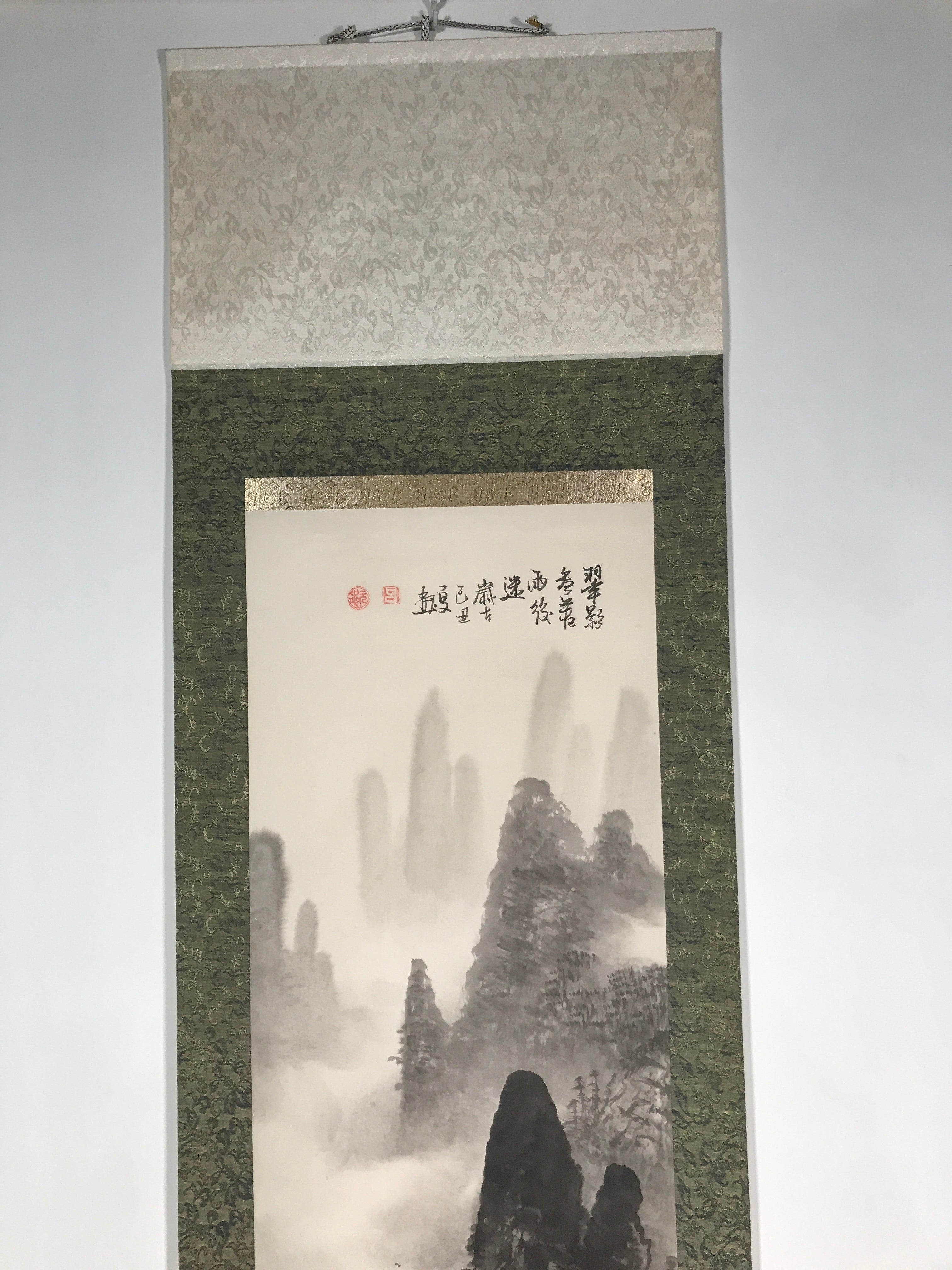 Japanese Hanging Scroll Vtg Kakejiku Mountain River Boat Sansui Landscape KJ47