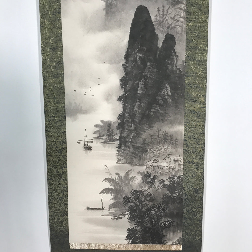 Japanese Hanging Scroll Vtg Kakejiku Mountain River Boat Sansui Landscape KJ47