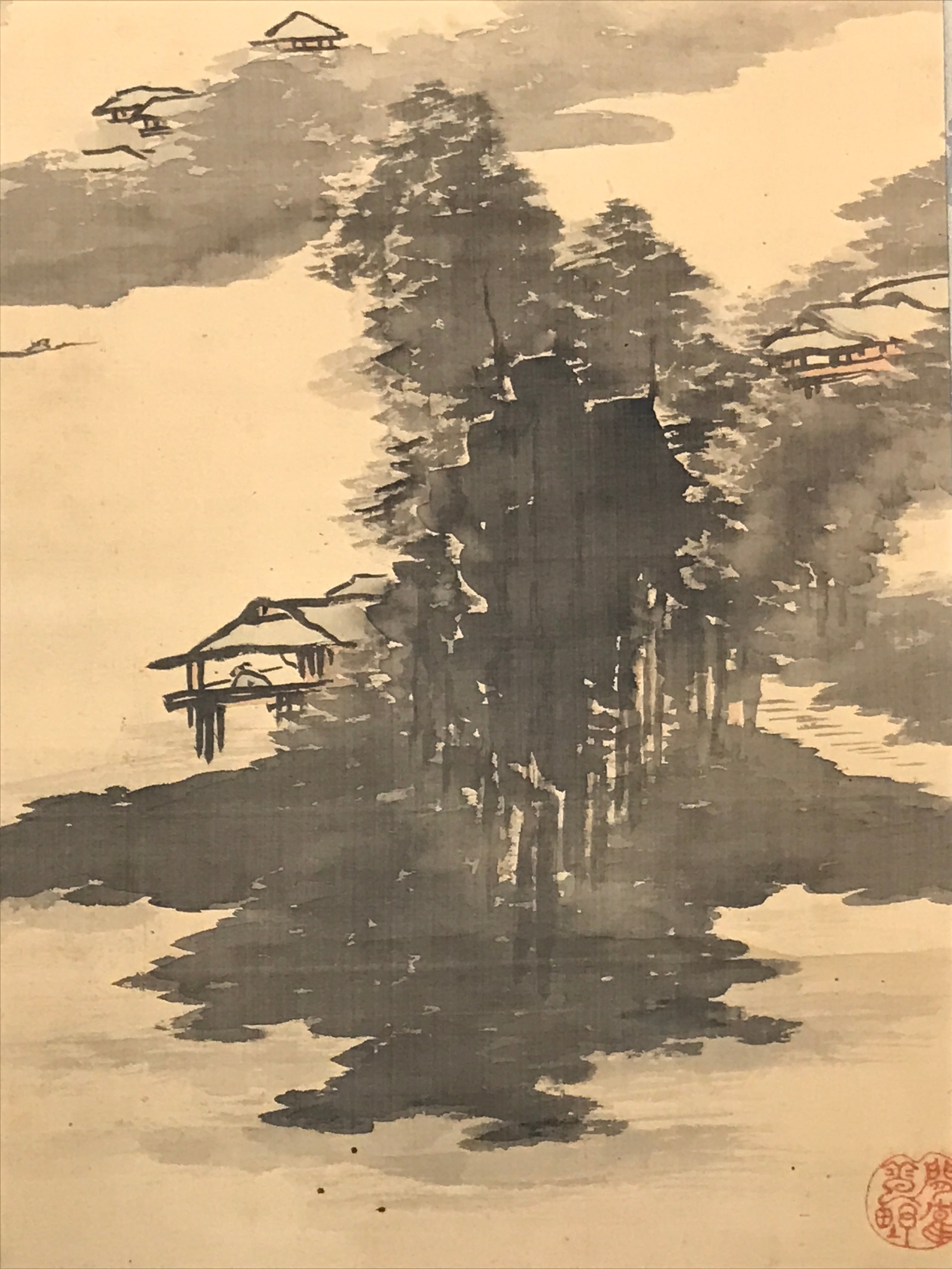 Japanese Hanging Scroll Vtg Kakejiku Mountain River Sansui Landscape Ink KJ87