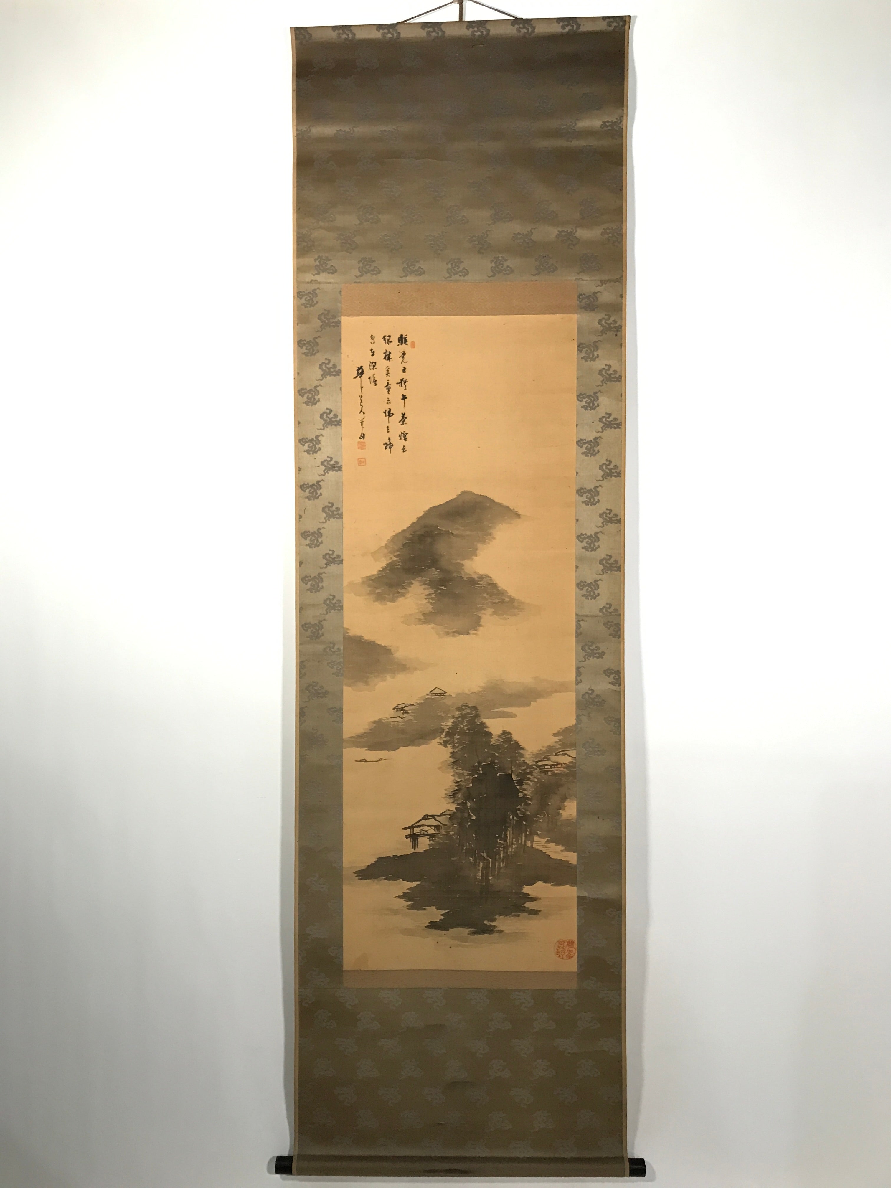 Japanese Hanging Scroll Vtg Kakejiku Mountain River Sansui Landscape Ink KJ87