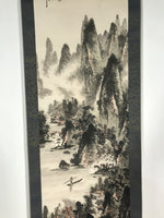 Japanese Hanging Scroll Vtg Kakejiku Mountains River Sansui Landscape Black KJ44