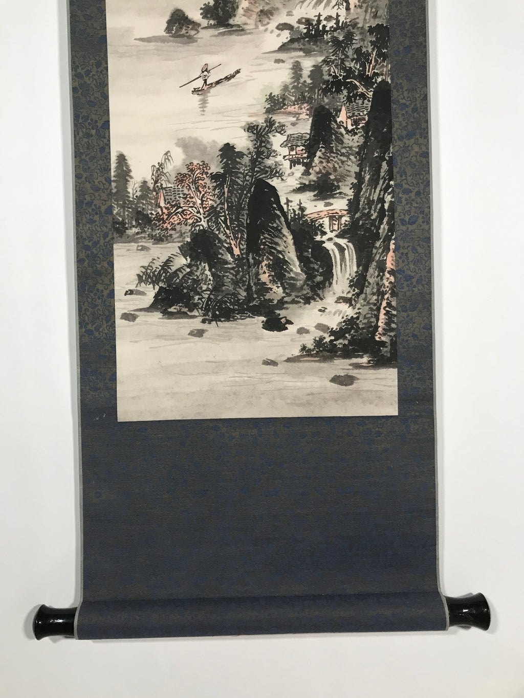 Japanese Hanging Scroll Vtg Kakejiku Mountains River Sansui Landscape Black KJ44