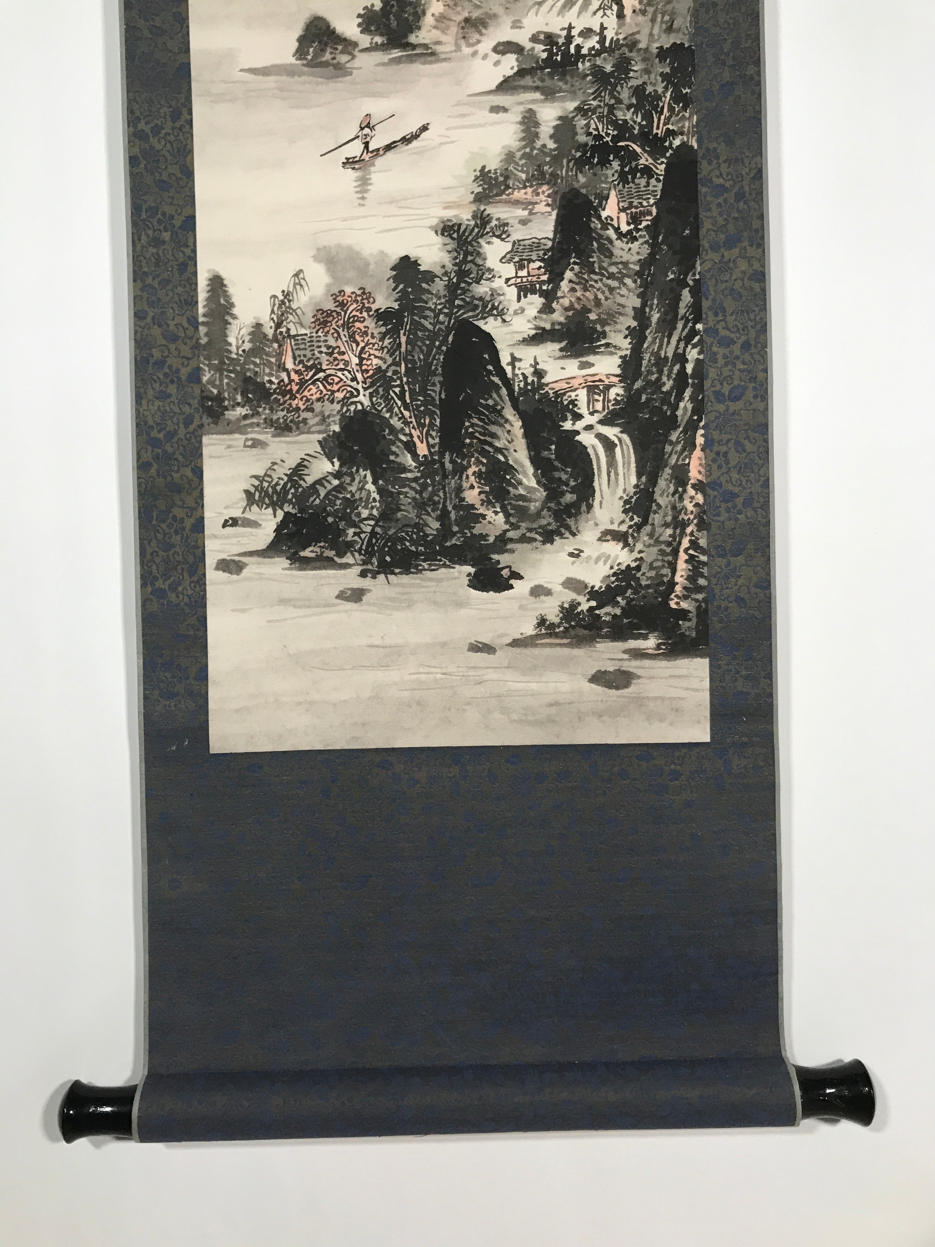 Japanese Hanging Scroll Vtg Kakejiku Mountains River Sansui Landscape Black KJ44