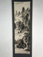 Japanese Hanging Scroll Vtg Kakejiku Mountains River Sansui Landscape Black KJ44