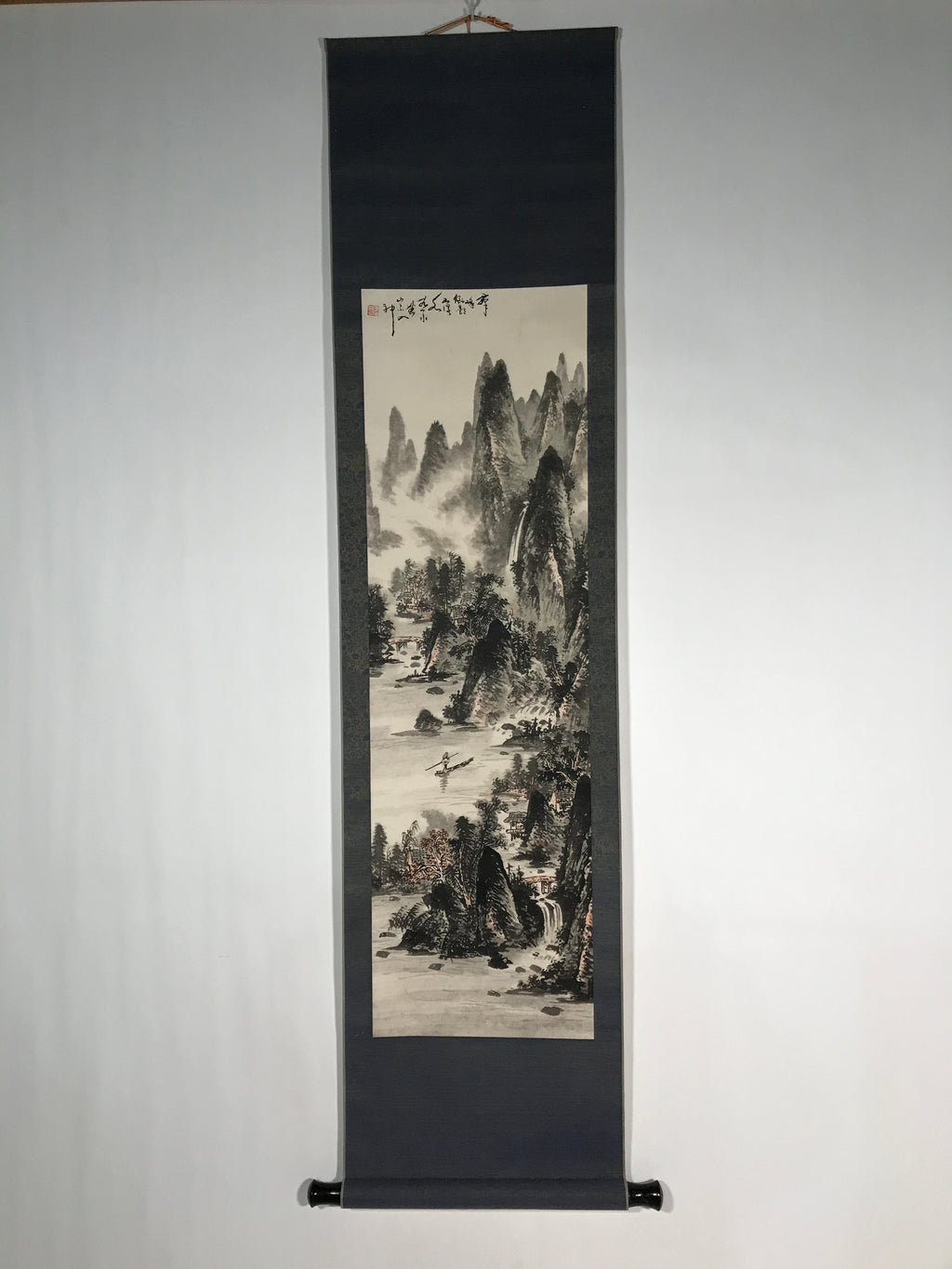 Japanese Hanging Scroll Vtg Kakejiku Mountains River Sansui Landscape Black KJ44