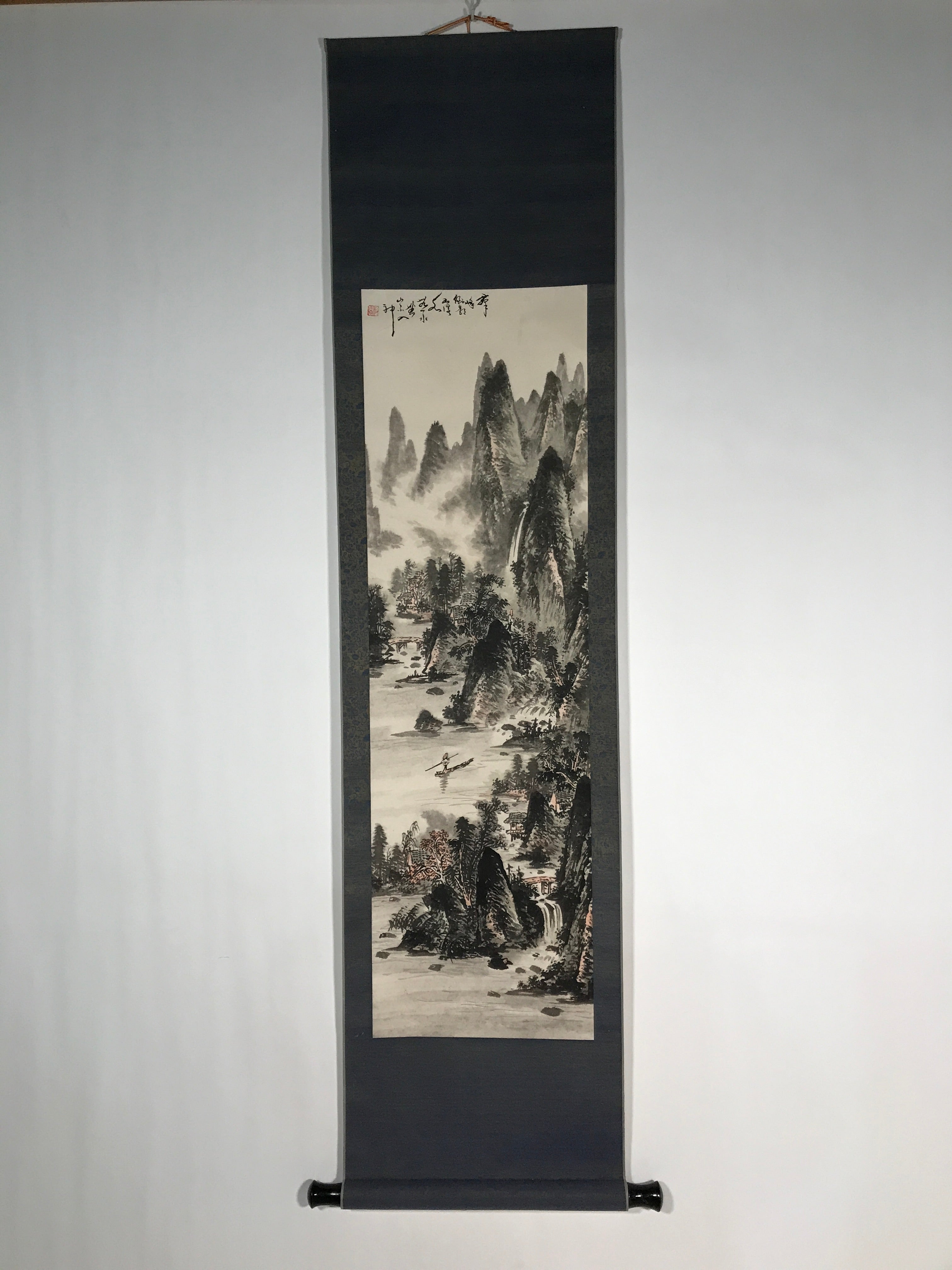Japanese Hanging Scroll Vtg Kakejiku Mountains River Sansui Landscape Black KJ44