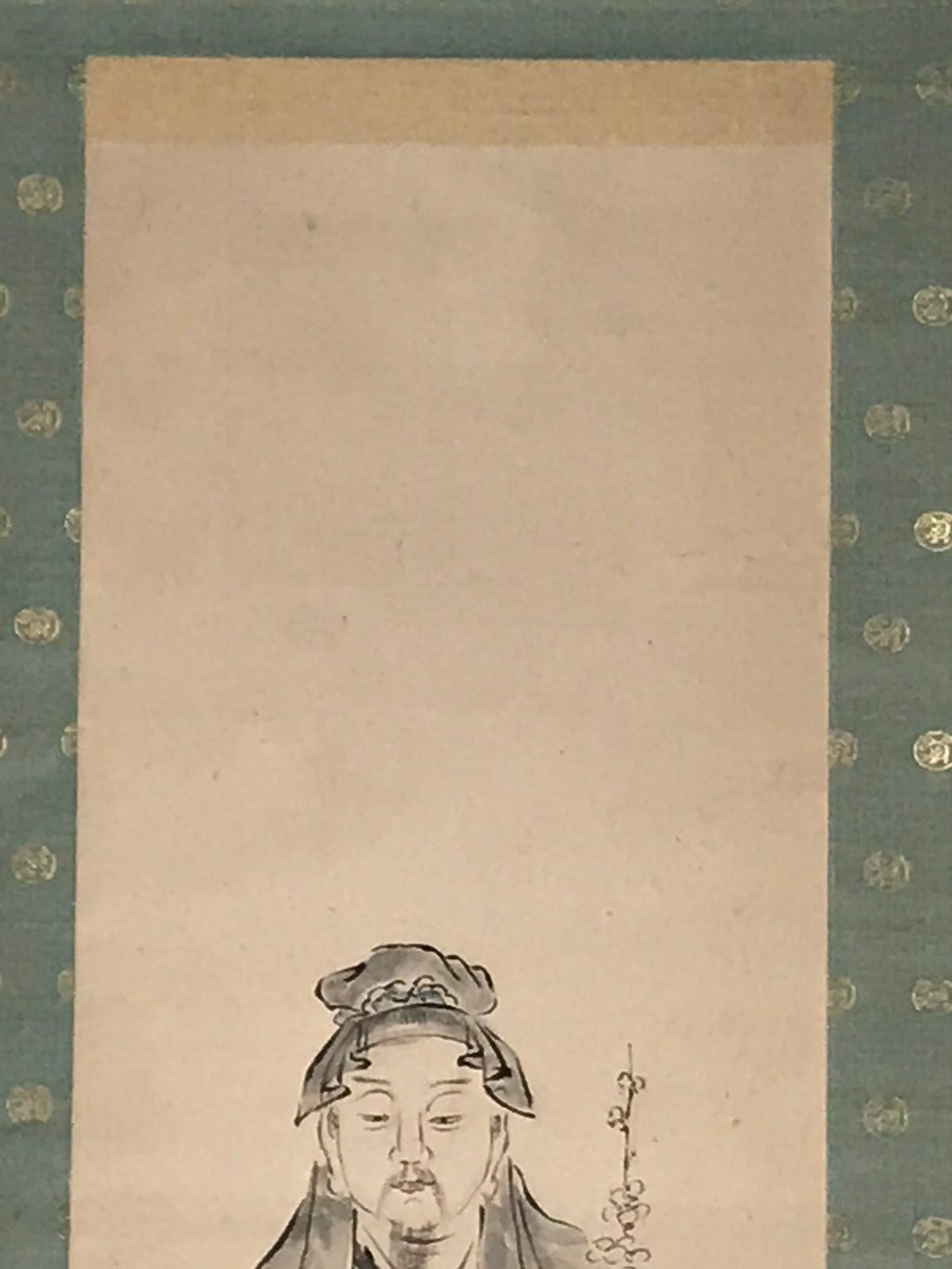 Japanese Hanging Scroll Vtg Kakejiku Old Man Tenjin Portrait Plum Ink Color KJ74