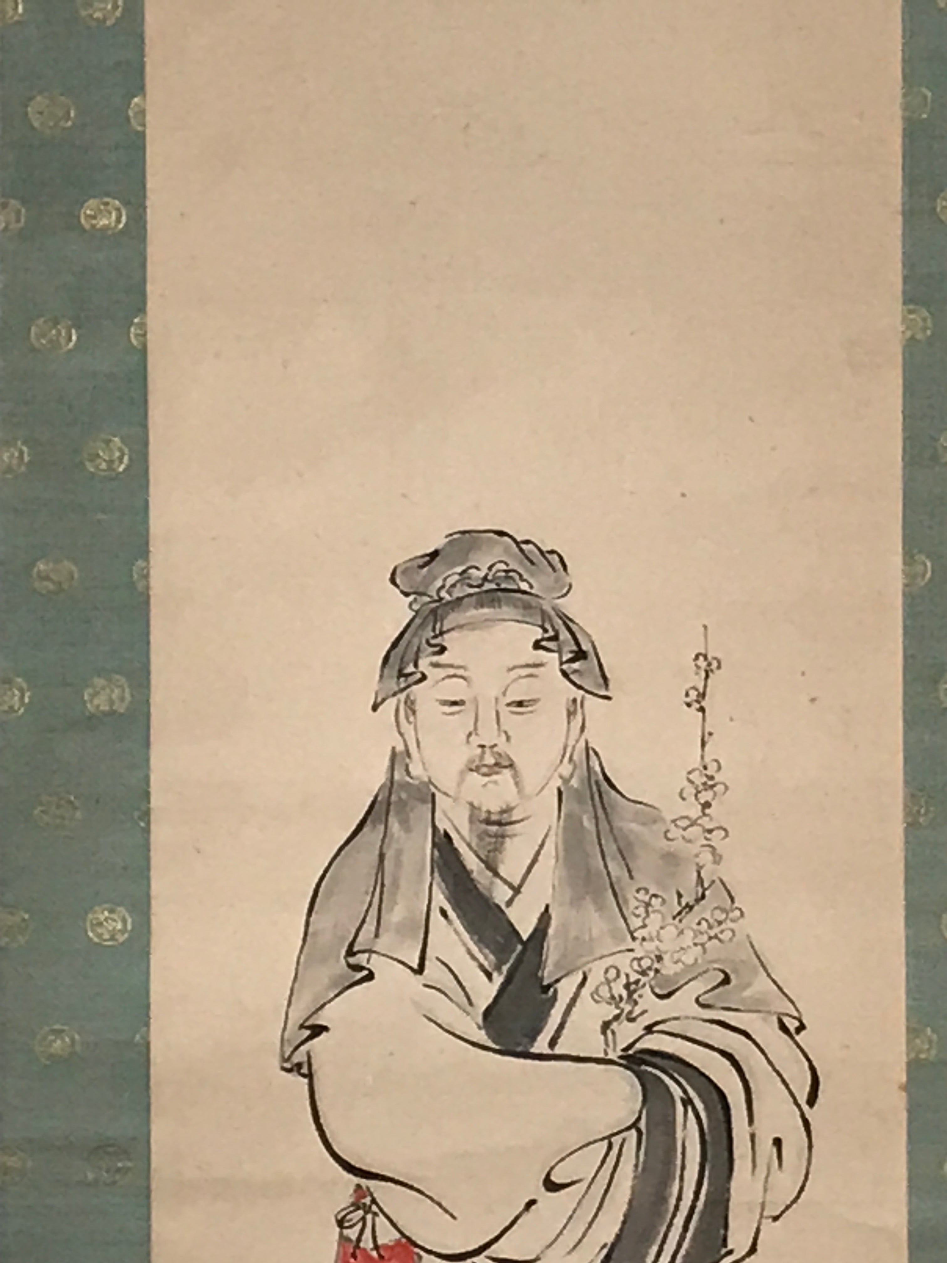 Japanese Hanging Scroll Vtg Kakejiku Old Man Tenjin Portrait Plum Ink Color KJ74
