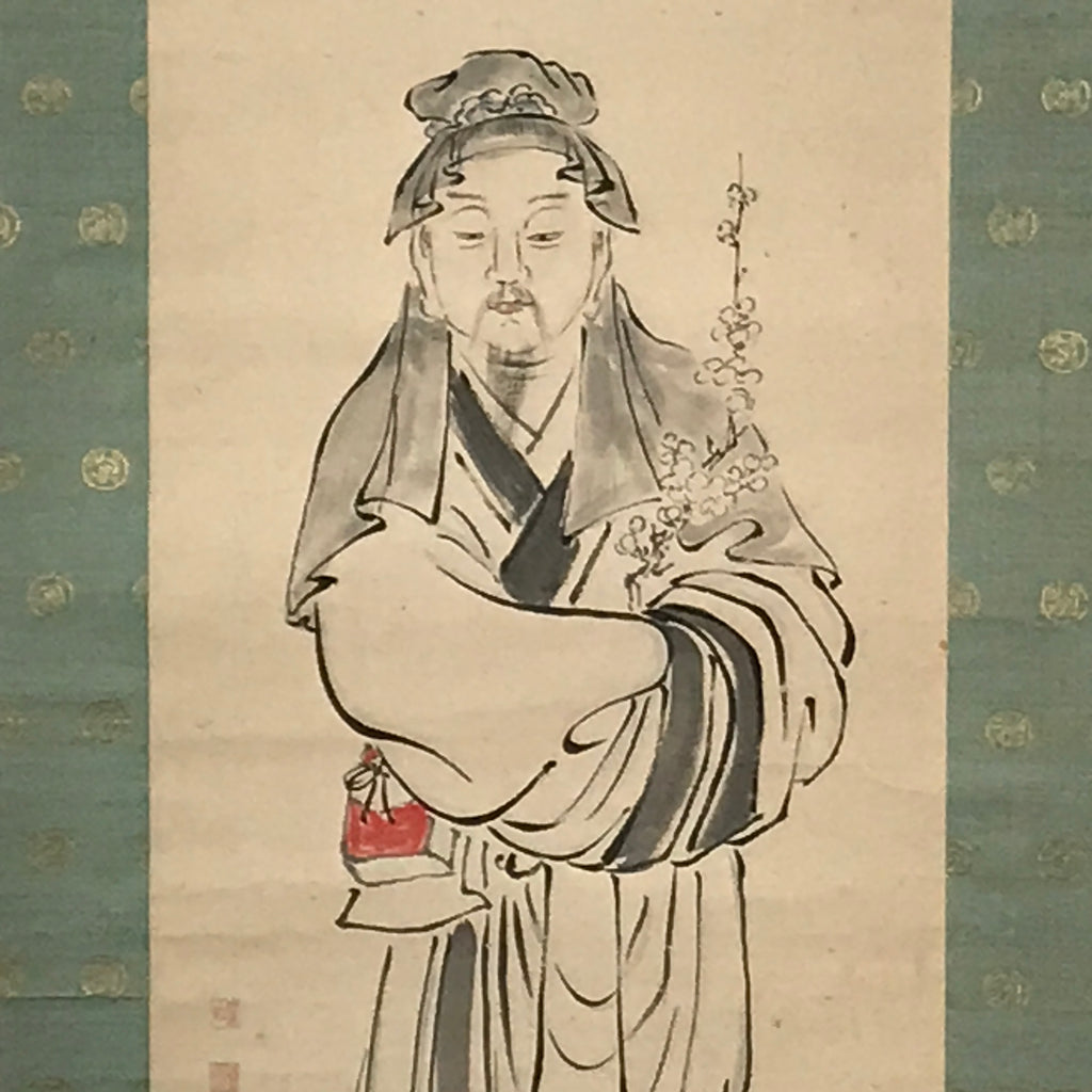 Japanese Hanging Scroll Vtg Kakejiku Old Man Tenjin Portrait Plum Ink Color KJ74