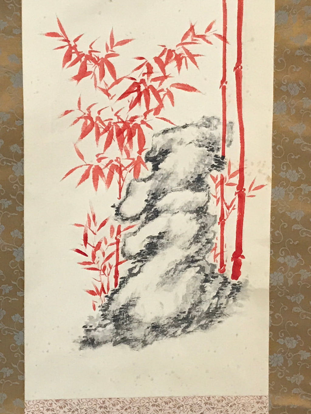 Japanese Hanging Scroll Vtg Kakejiku Red Bamboo Black Kanji Calligraphy KJ68
