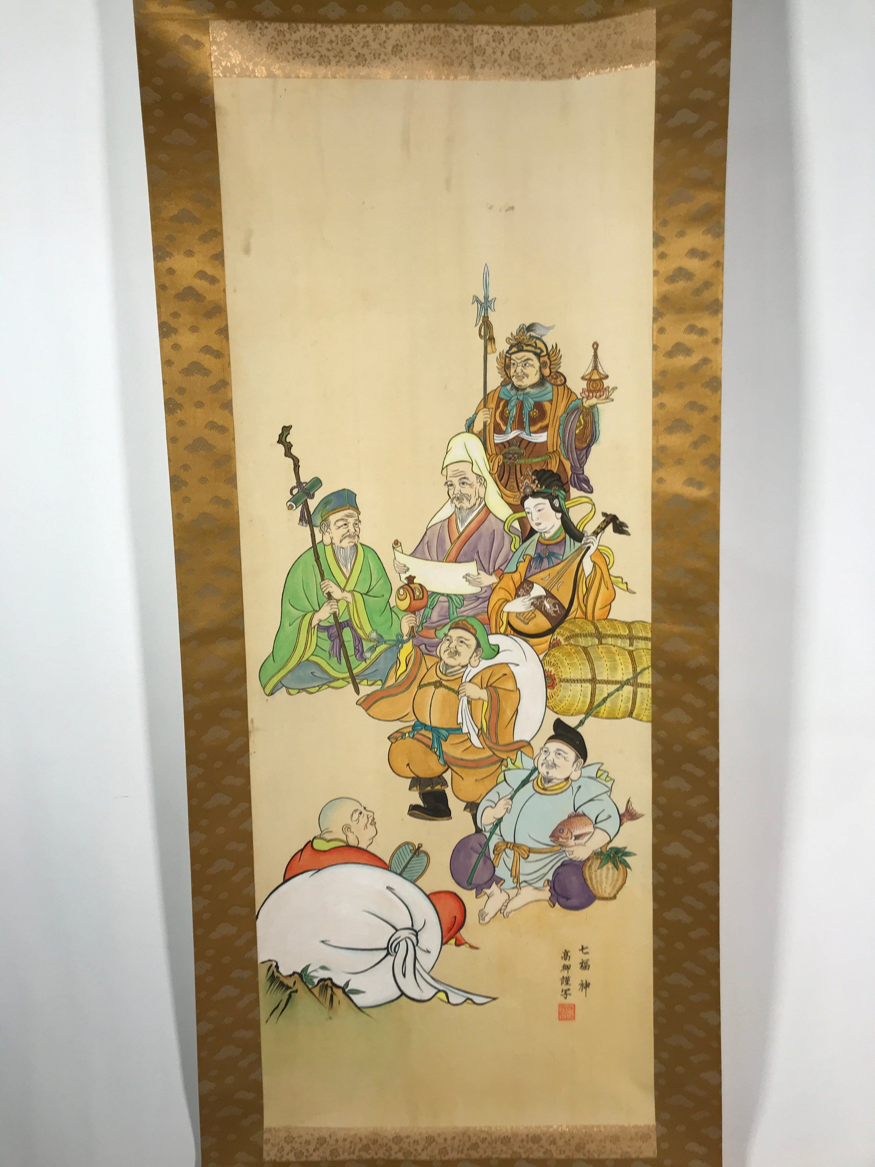 Japanese Hanging Scroll Vtg Kakejiku Seven Lucky Gods Shichifukujin Color KJ64