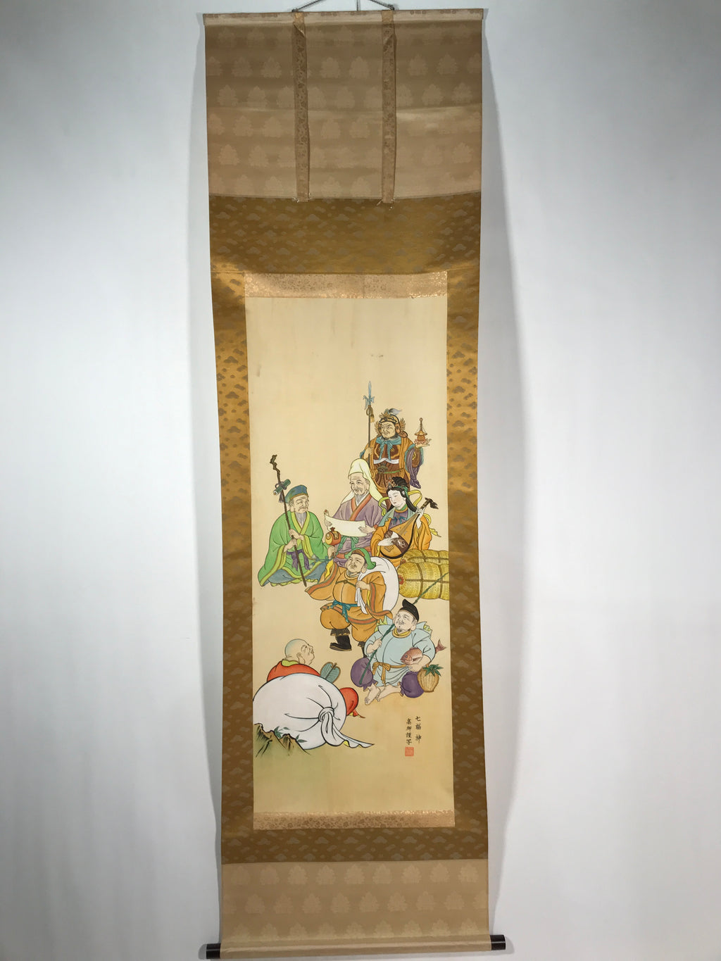 Japanese Hanging Scroll Vtg Kakejiku Seven Lucky Gods Shichifukujin Color KJ64
