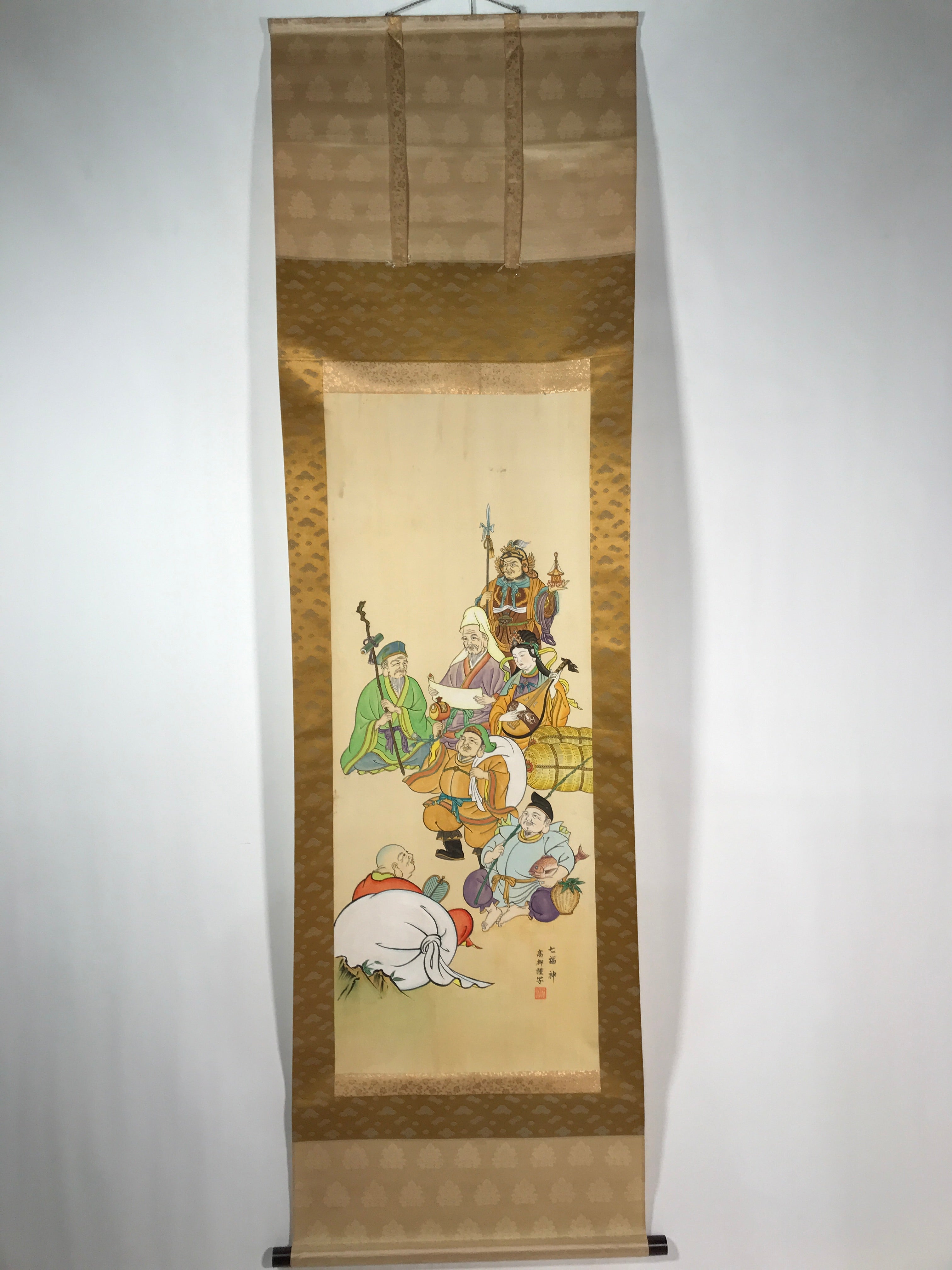 Japanese Hanging Scroll Vtg Kakejiku Seven Lucky Gods Shichifukujin Color KJ64