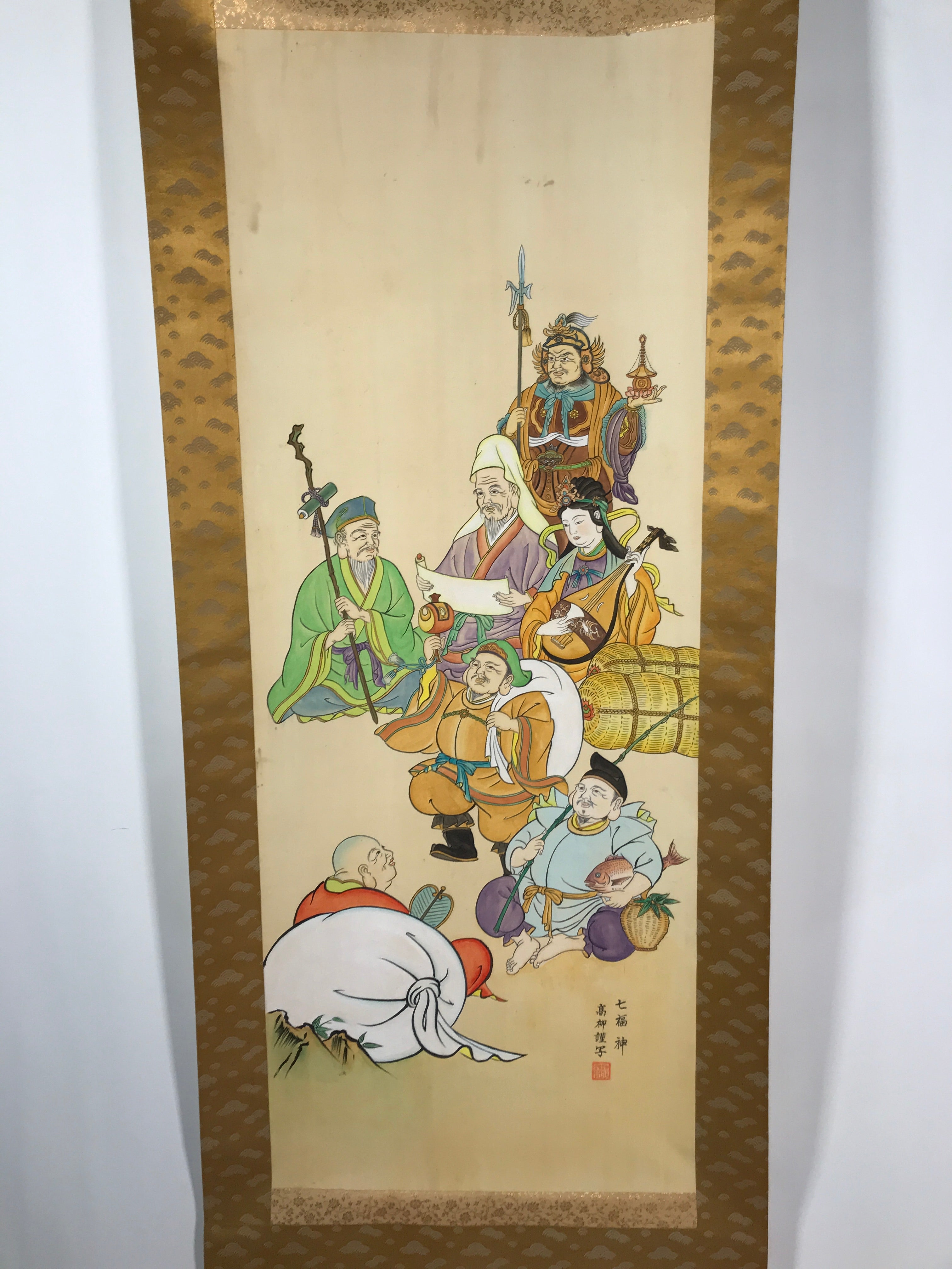 Japanese Hanging Scroll Vtg Kakejiku Seven Lucky Gods Shichifukujin Color KJ64
