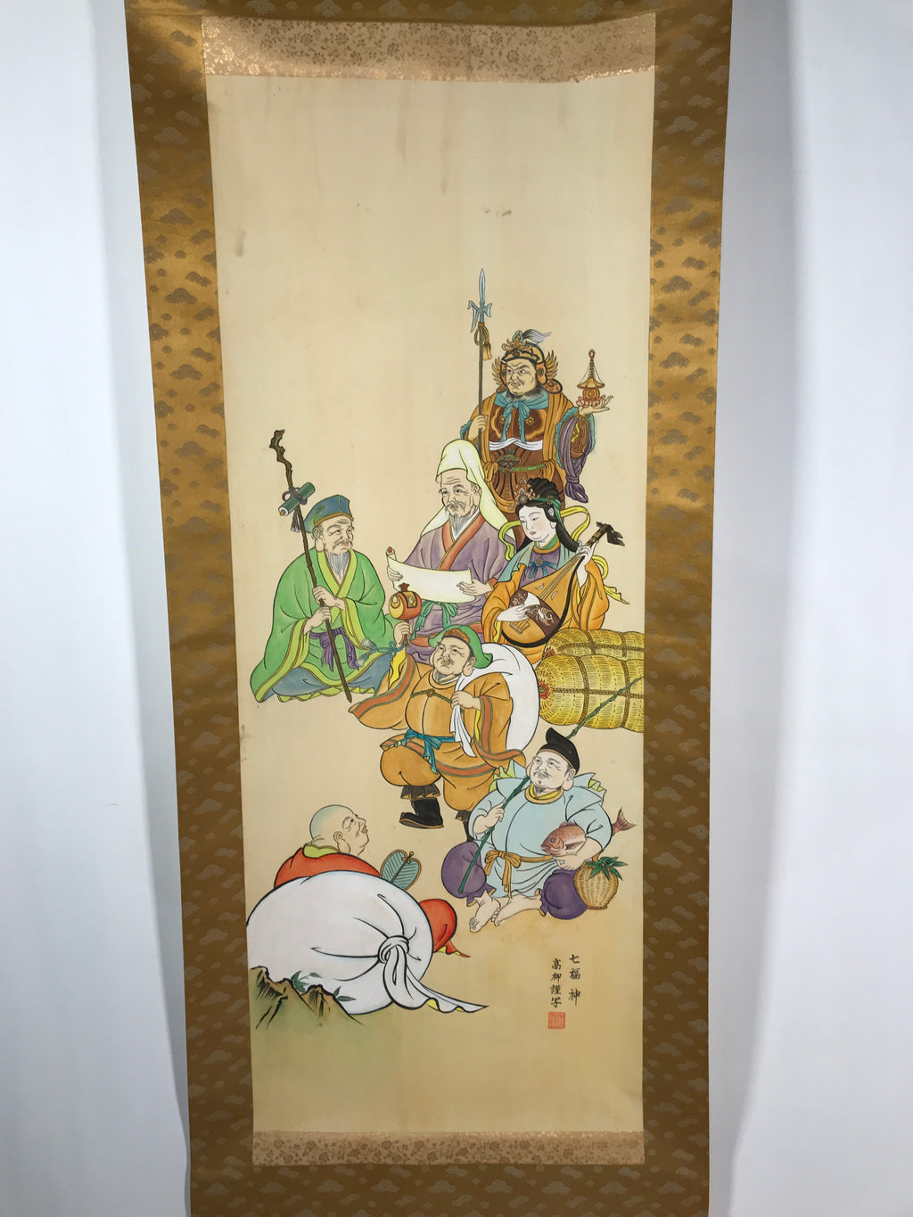 Japanese Hanging Scroll Vtg Kakejiku Seven Lucky Gods Shichifukujin Color KJ64