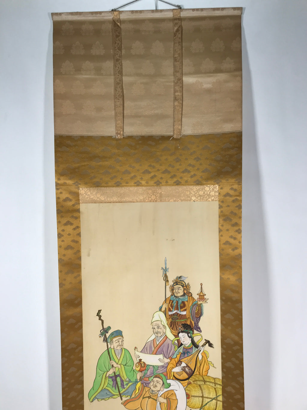 Japanese Hanging Scroll Vtg Kakejiku Seven Lucky Gods Shichifukujin Color KJ64