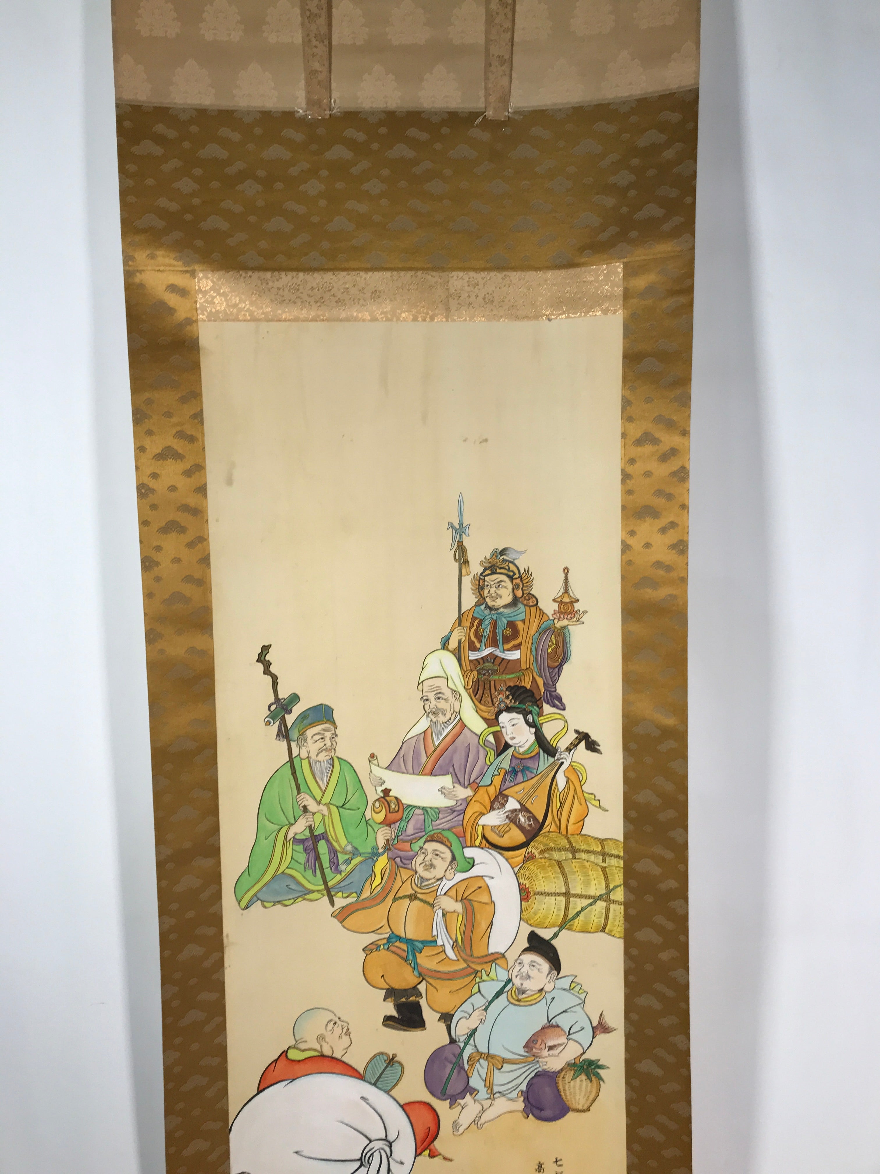 Japanese Hanging Scroll Vtg Kakejiku Seven Lucky Gods Shichifukujin Color KJ64