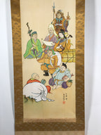 Japanese Hanging Scroll Vtg Kakejiku Seven Lucky Gods Shichifukujin Color KJ64