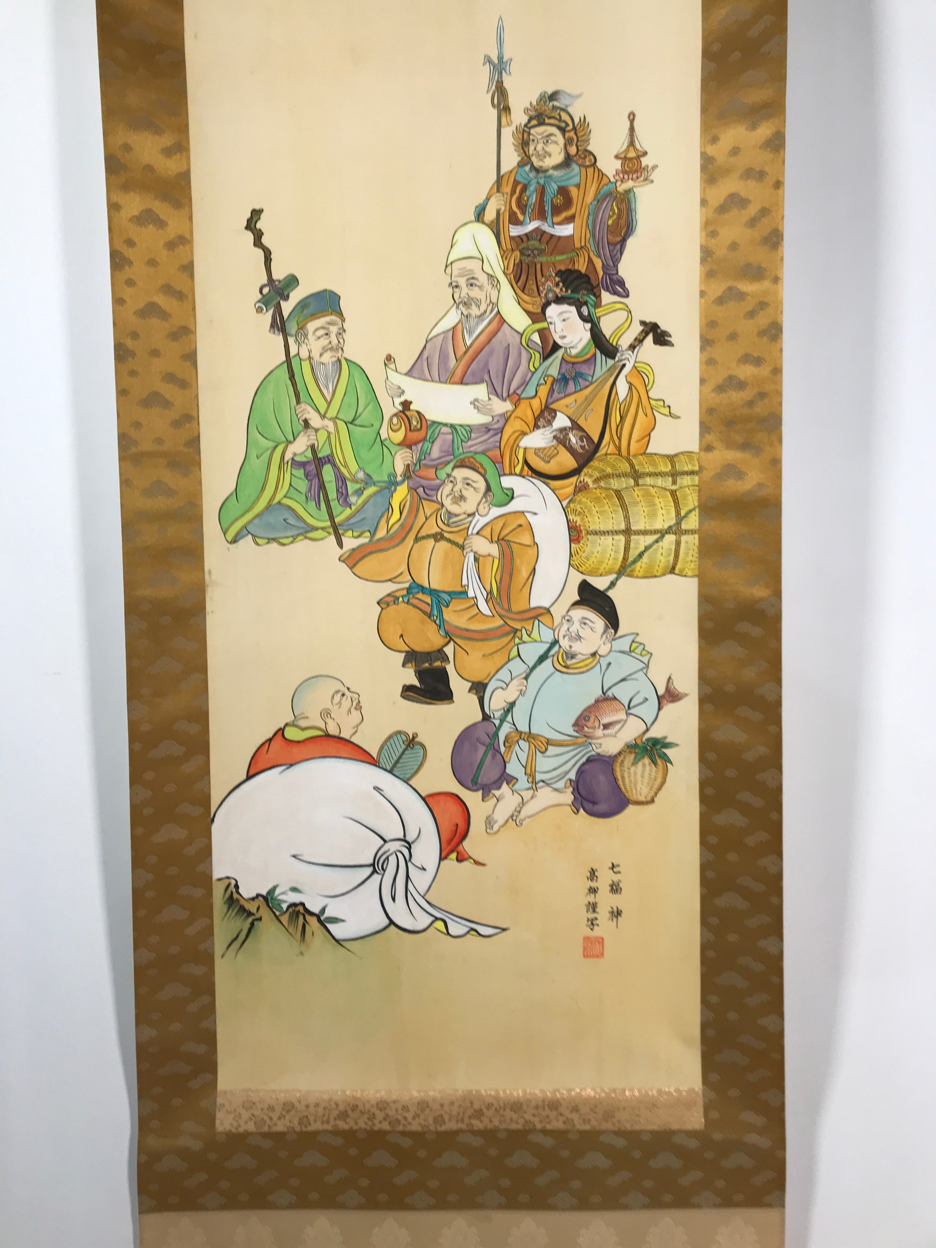 Japanese Hanging Scroll Vtg Kakejiku Seven Lucky Gods Shichifukujin Color KJ64