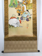 Japanese Hanging Scroll Vtg Kakejiku Seven Lucky Gods Shichifukujin Color KJ64