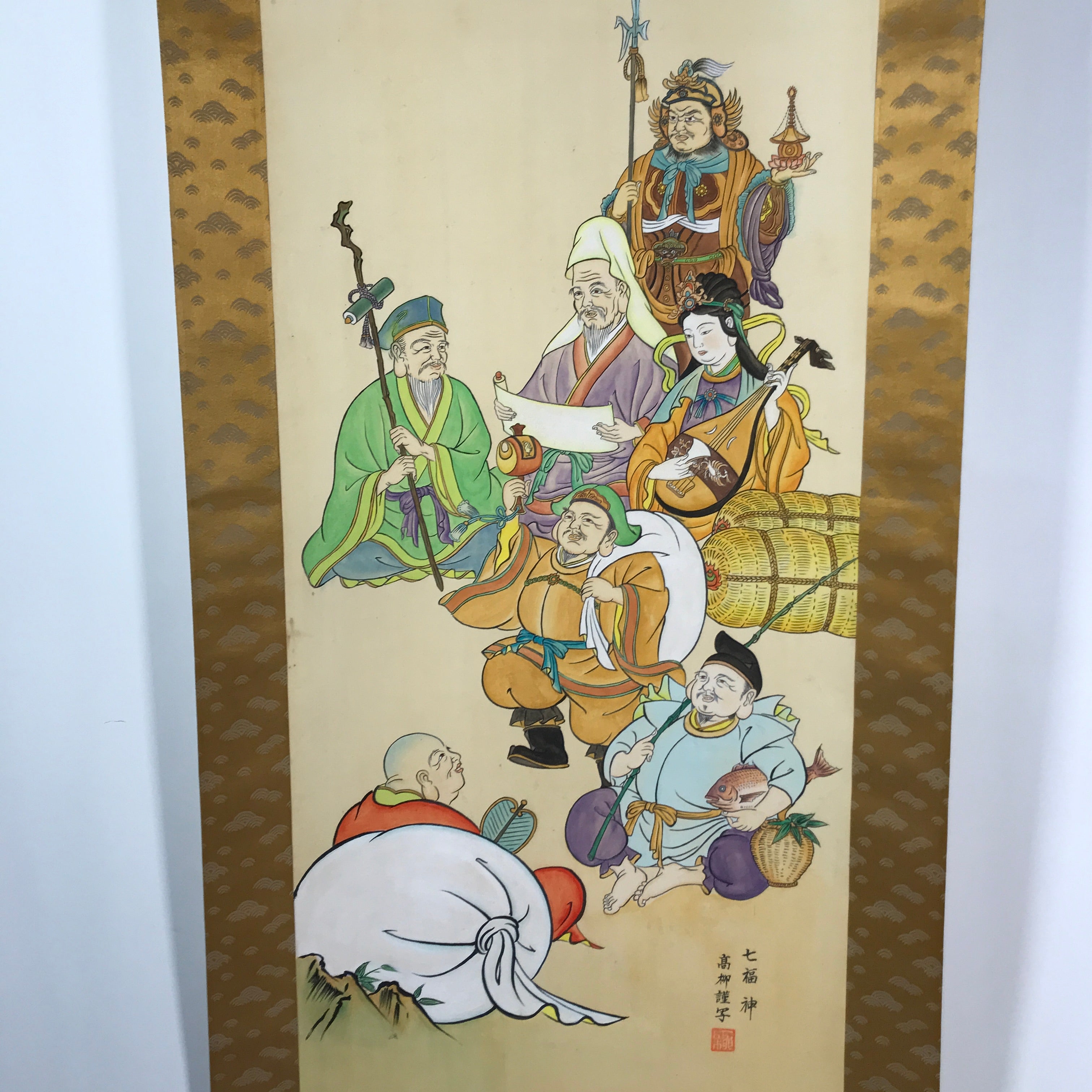 Japanese Hanging Scroll Vtg Kakejiku Seven Lucky Gods Shichifukujin Color KJ64
