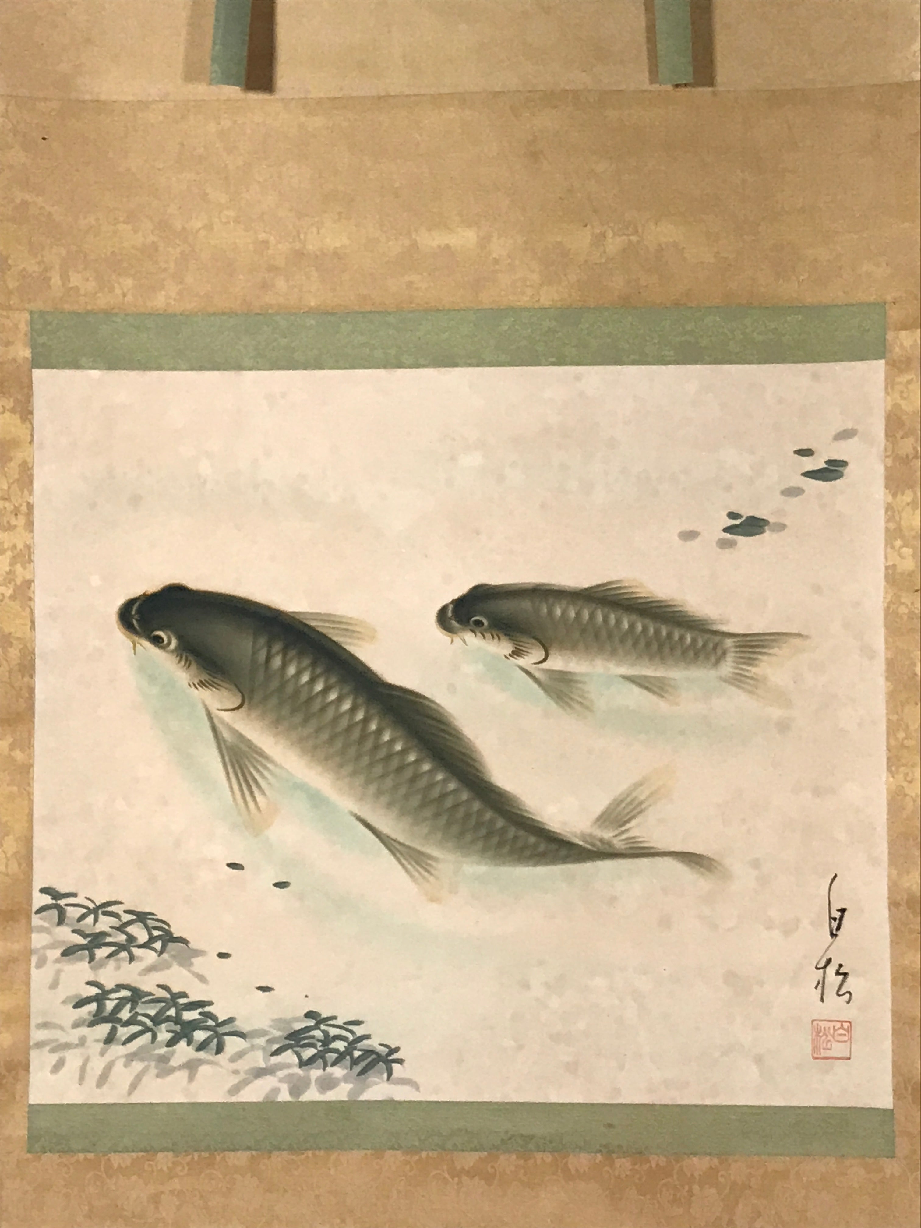 Japanese Hanging Scroll Vtg Kakejiku Swimming Carp Koi Pond Color Green KJ116
