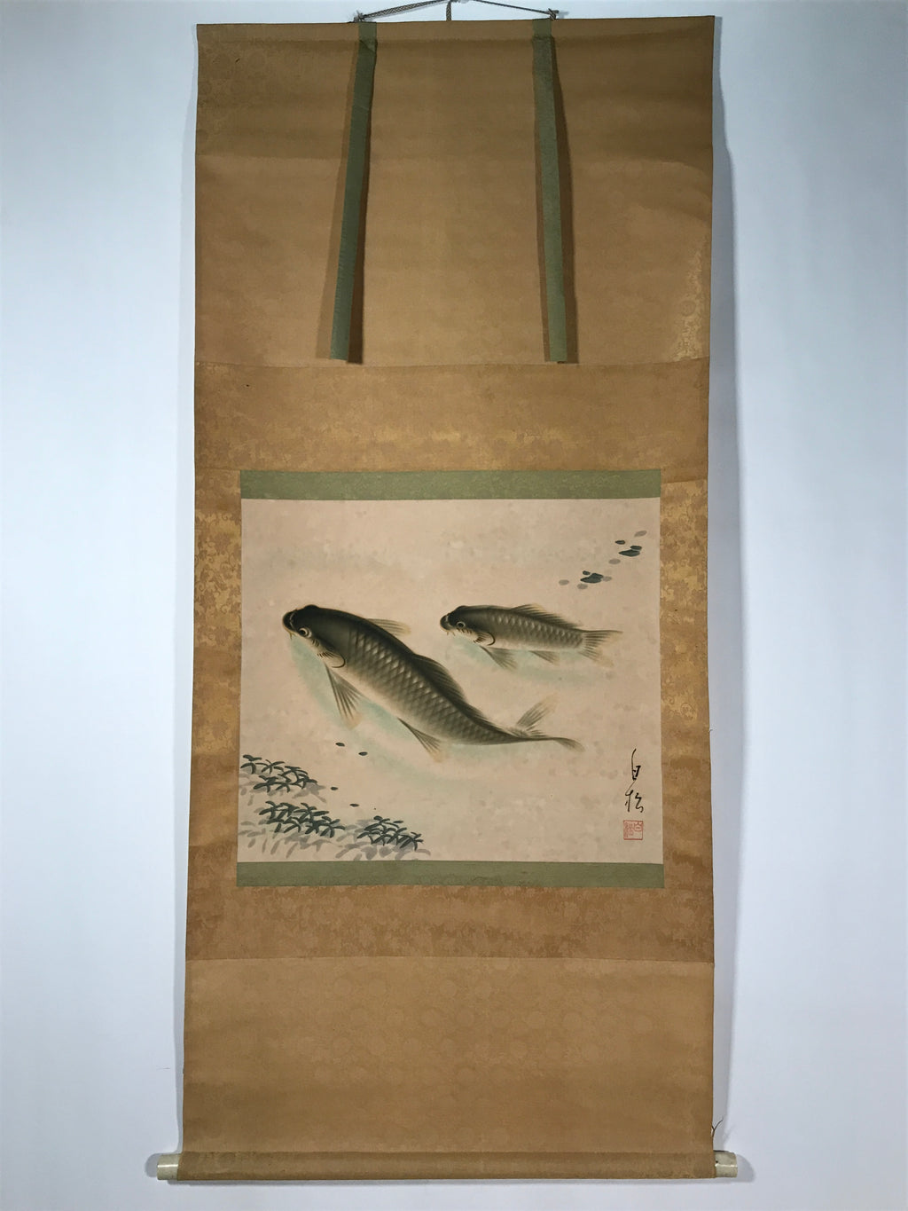 Japanese Hanging Scroll Vtg Kakejiku Swimming Carp Koi Pond Color Green KJ116