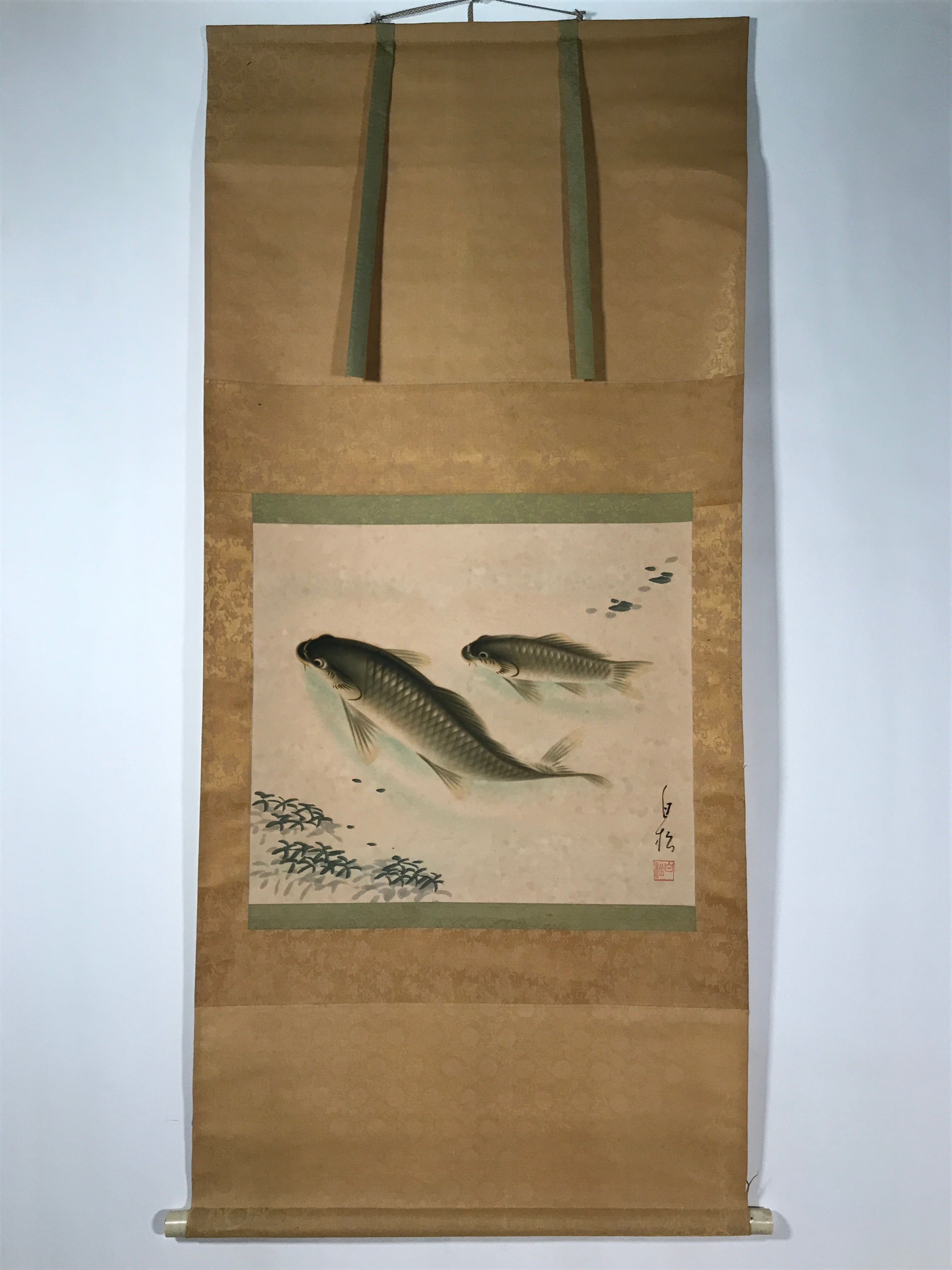 Japanese Hanging Scroll Vtg Kakejiku Swimming Carp Koi Pond Color Green KJ116