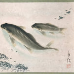 Japanese Hanging Scroll Vtg Kakejiku Swimming Carp Koi Pond Color Green KJ116