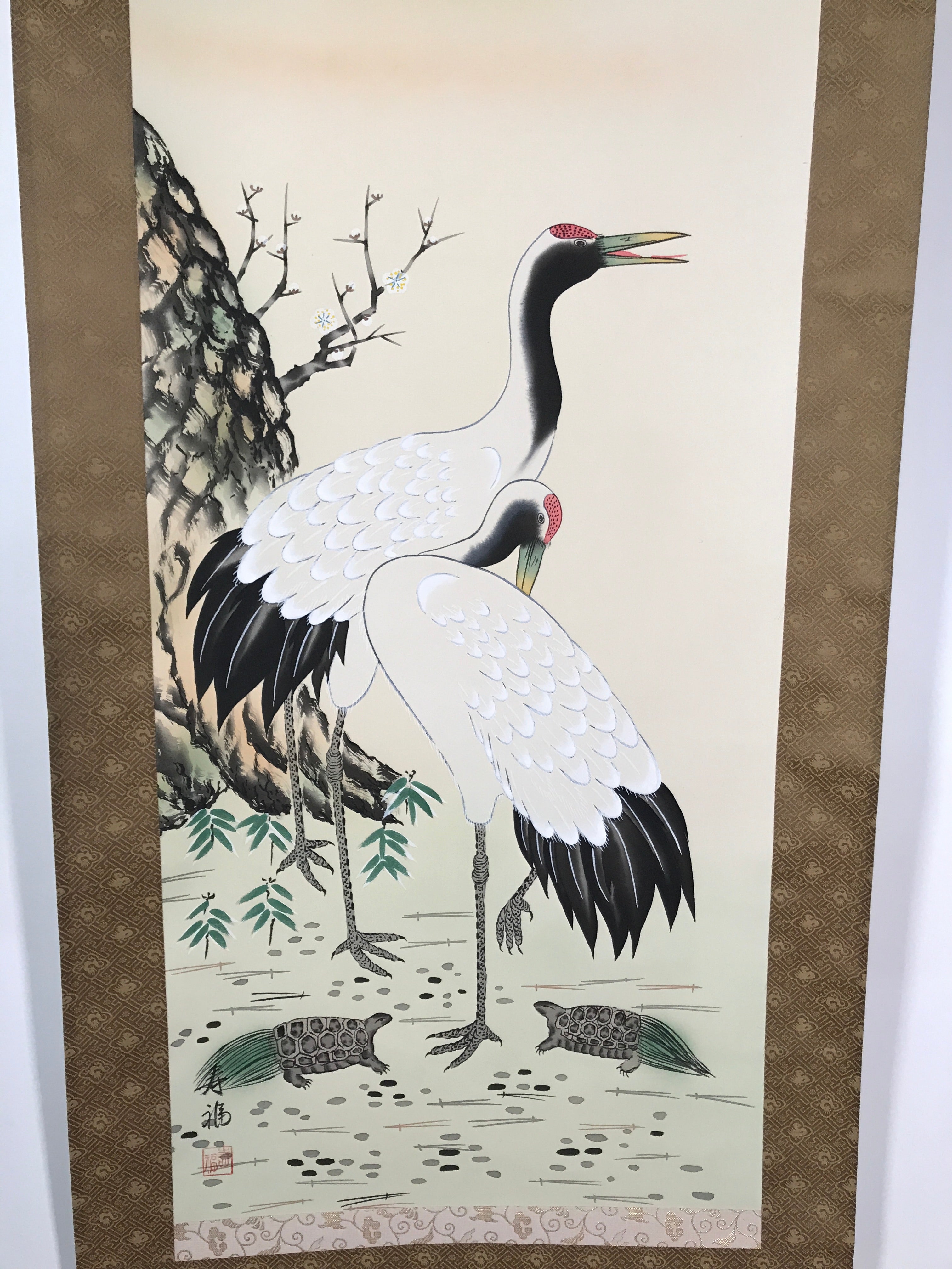 Japanese Hanging Scroll Vtg Kakejiku Tsuru Cranes Matsu Pine Trees Color KJ63