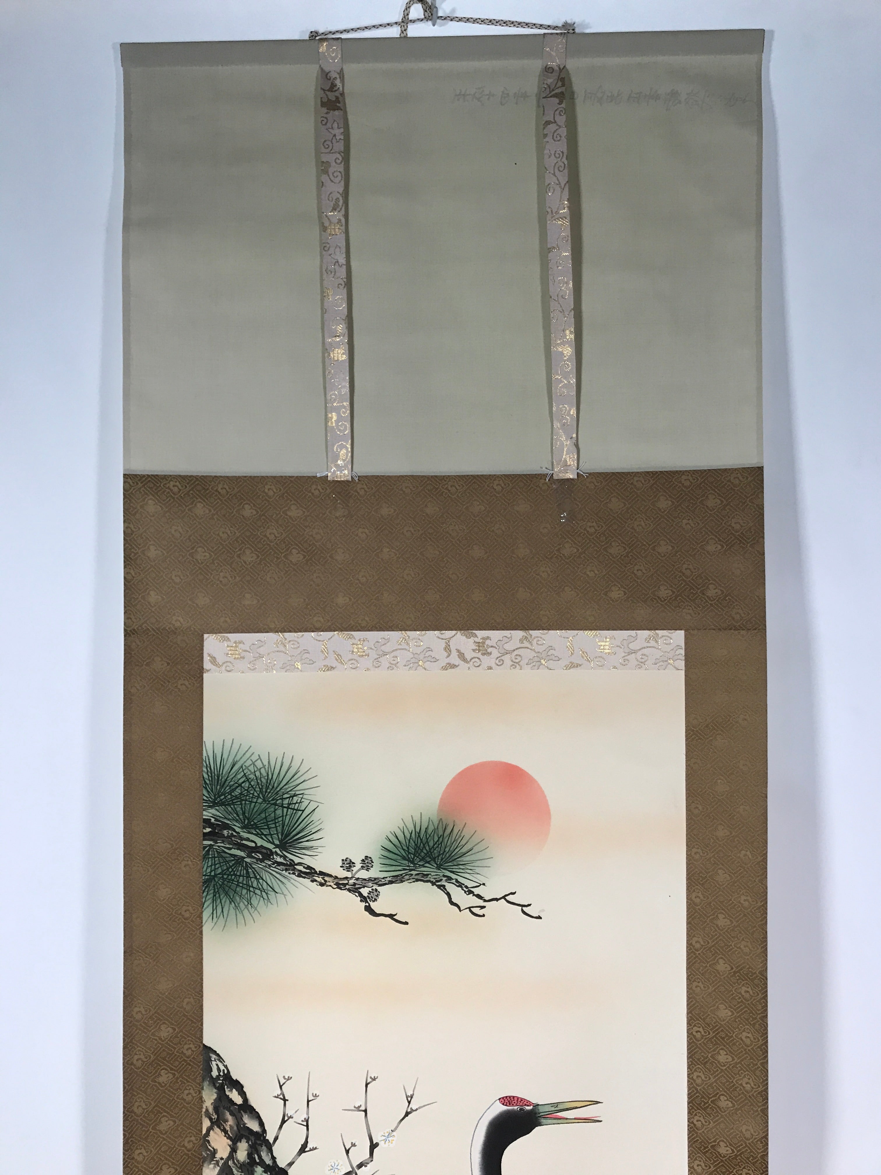 Japanese Hanging Scroll Vtg Kakejiku Tsuru Cranes Matsu Pine Trees Color KJ63