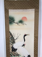 Japanese Hanging Scroll Vtg Kakejiku Tsuru Cranes Matsu Pine Trees Color KJ63