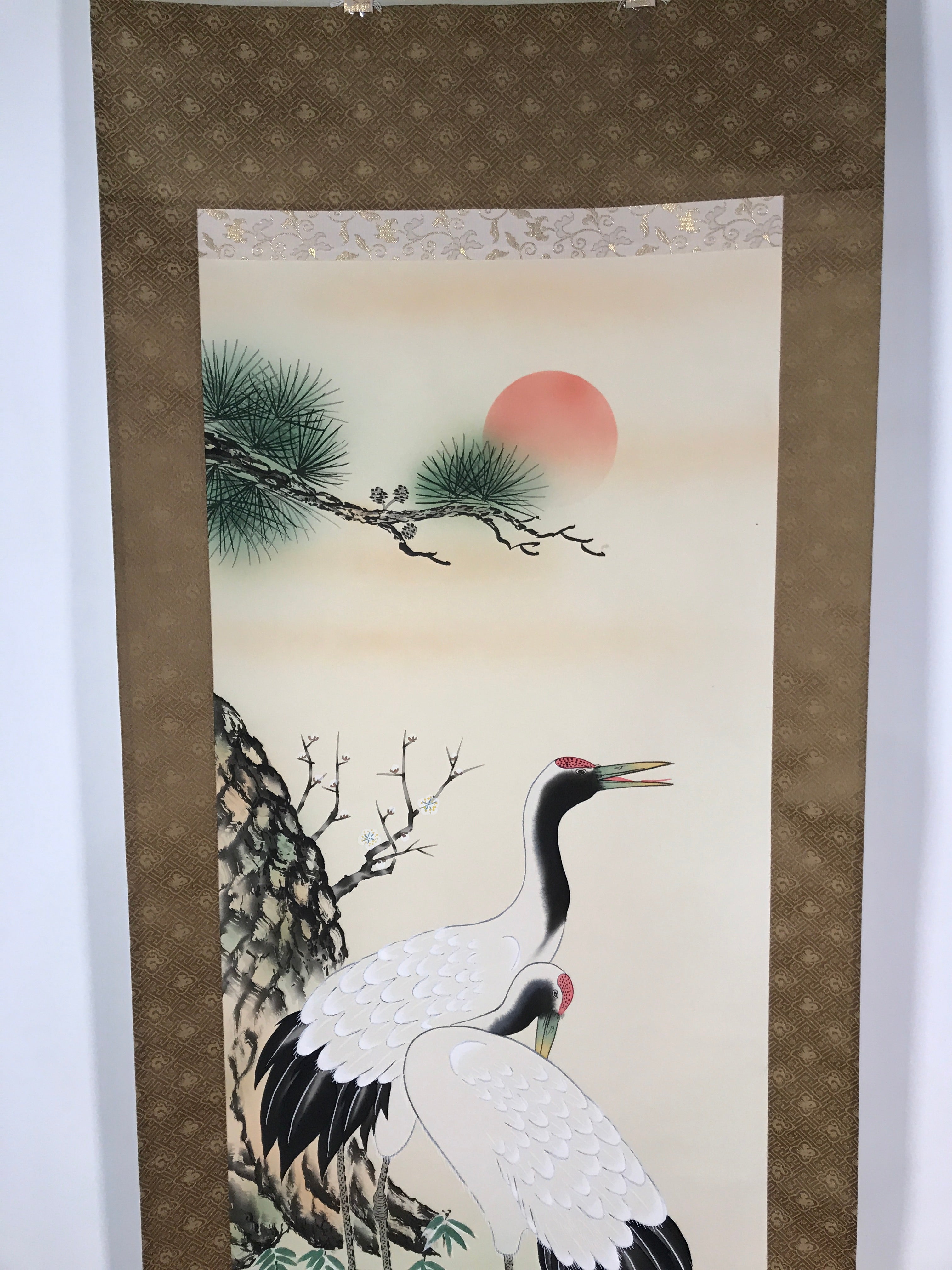 Japanese Hanging Scroll Vtg Kakejiku Tsuru Cranes Matsu Pine Trees Color KJ63