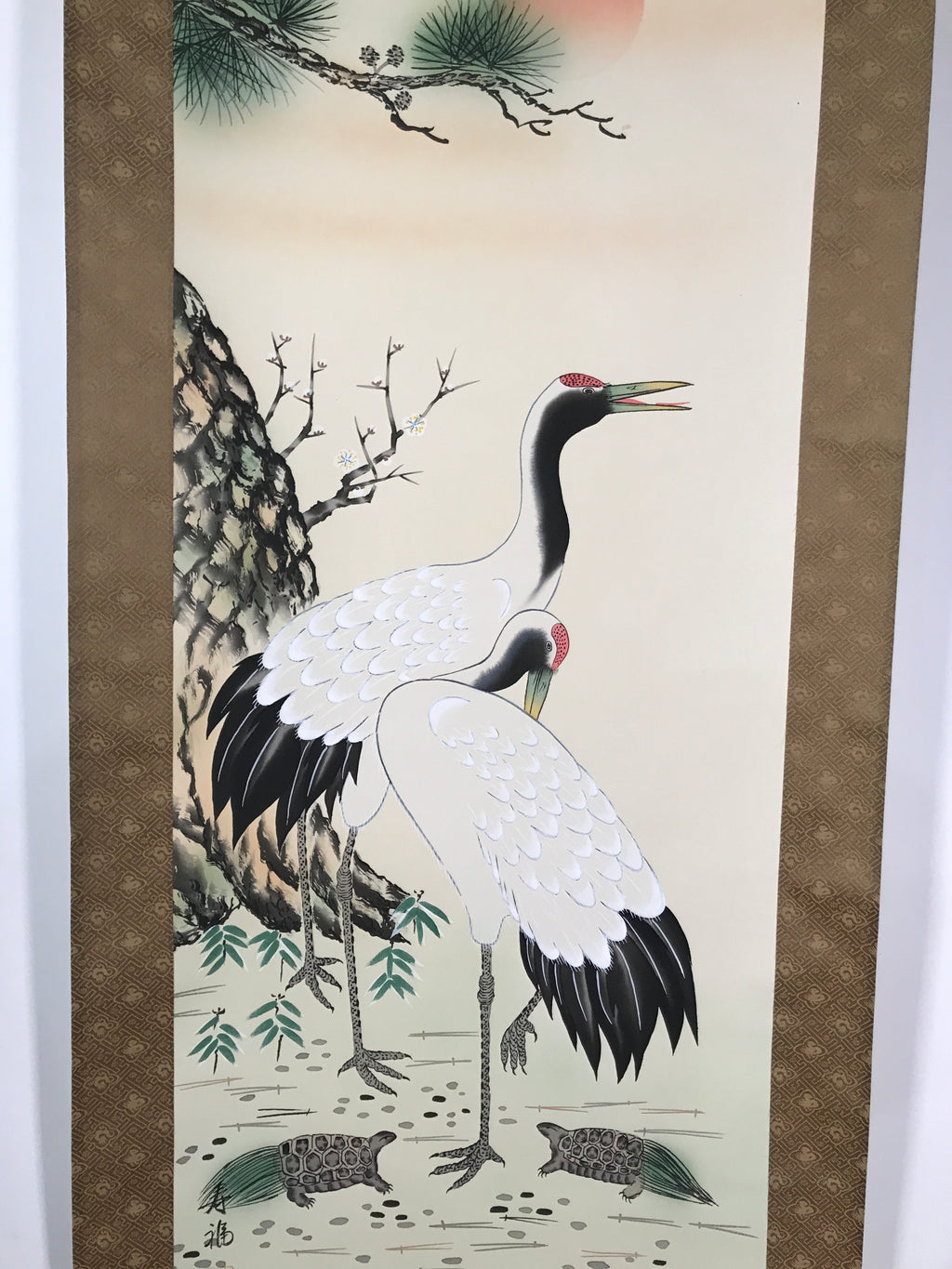 Japanese Hanging Scroll Vtg Kakejiku Tsuru Cranes Matsu Pine Trees Color KJ63