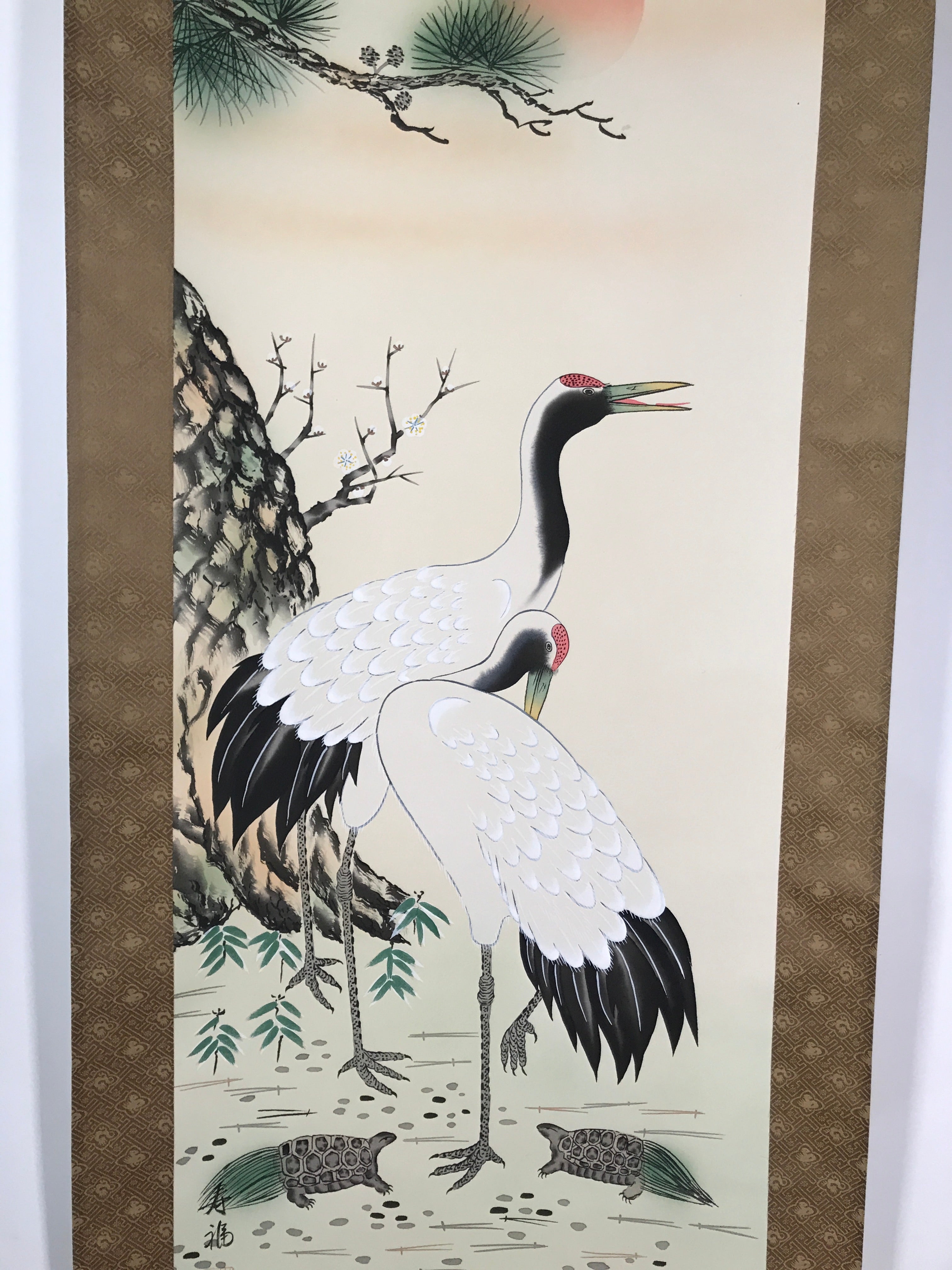 Japanese Hanging Scroll Vtg Kakejiku Tsuru Cranes Matsu Pine Trees Color KJ63