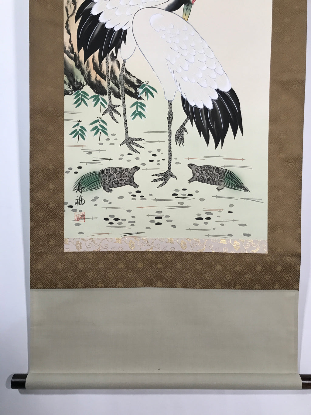 Japanese Hanging Scroll Vtg Kakejiku Tsuru Cranes Matsu Pine Trees Color KJ63
