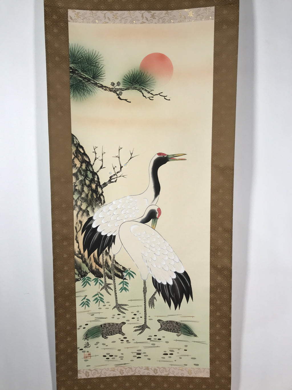 Japanese Hanging Scroll Vtg Kakejiku Tsuru Cranes Matsu Pine Trees Color KJ63