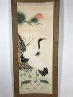 Japanese Hanging Scroll Vtg Kakejiku Tsuru Cranes Matsu Pine Trees Color KJ63