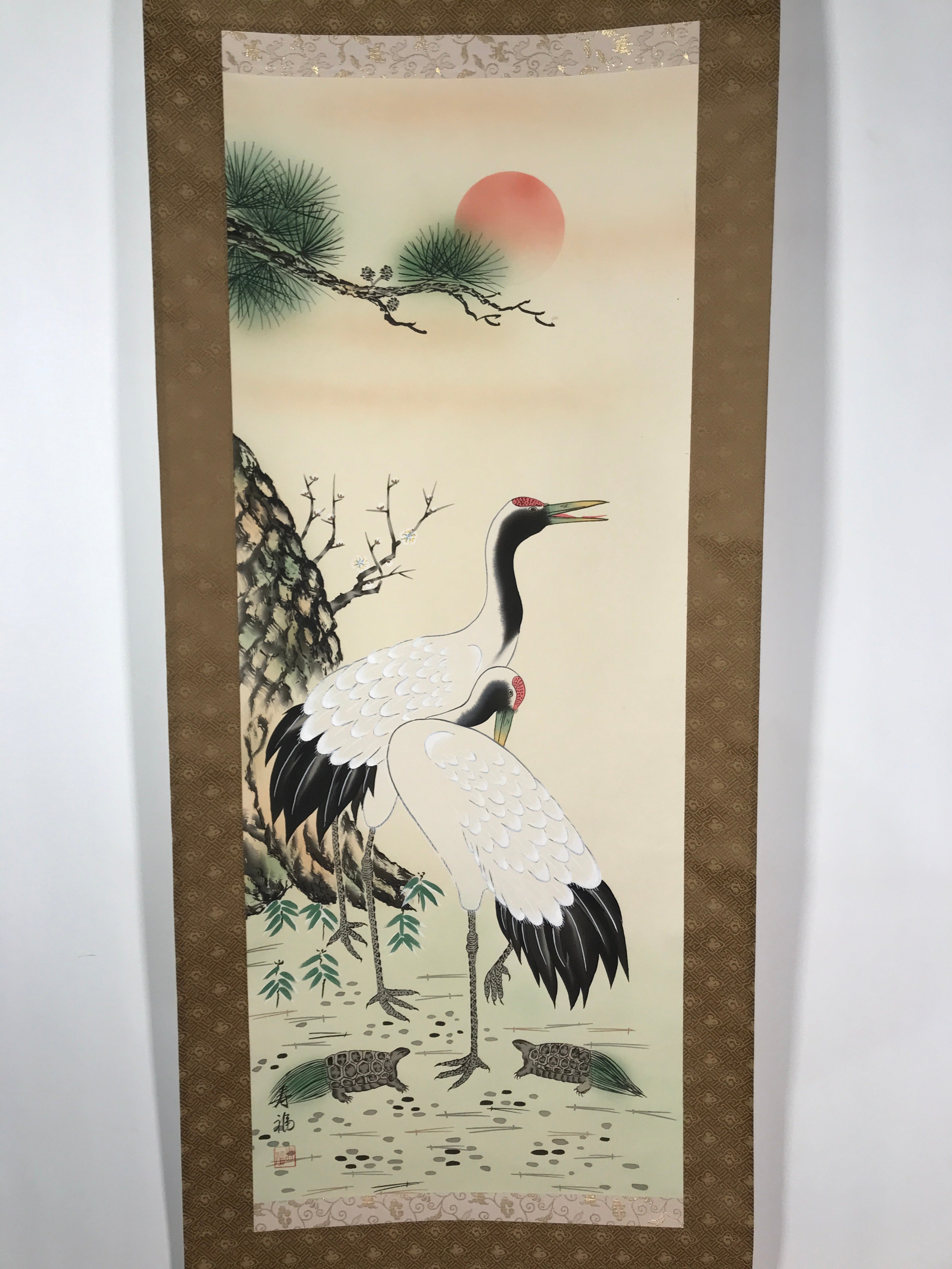 Japanese Hanging Scroll Vtg Kakejiku Tsuru Cranes Matsu Pine Trees Color KJ63