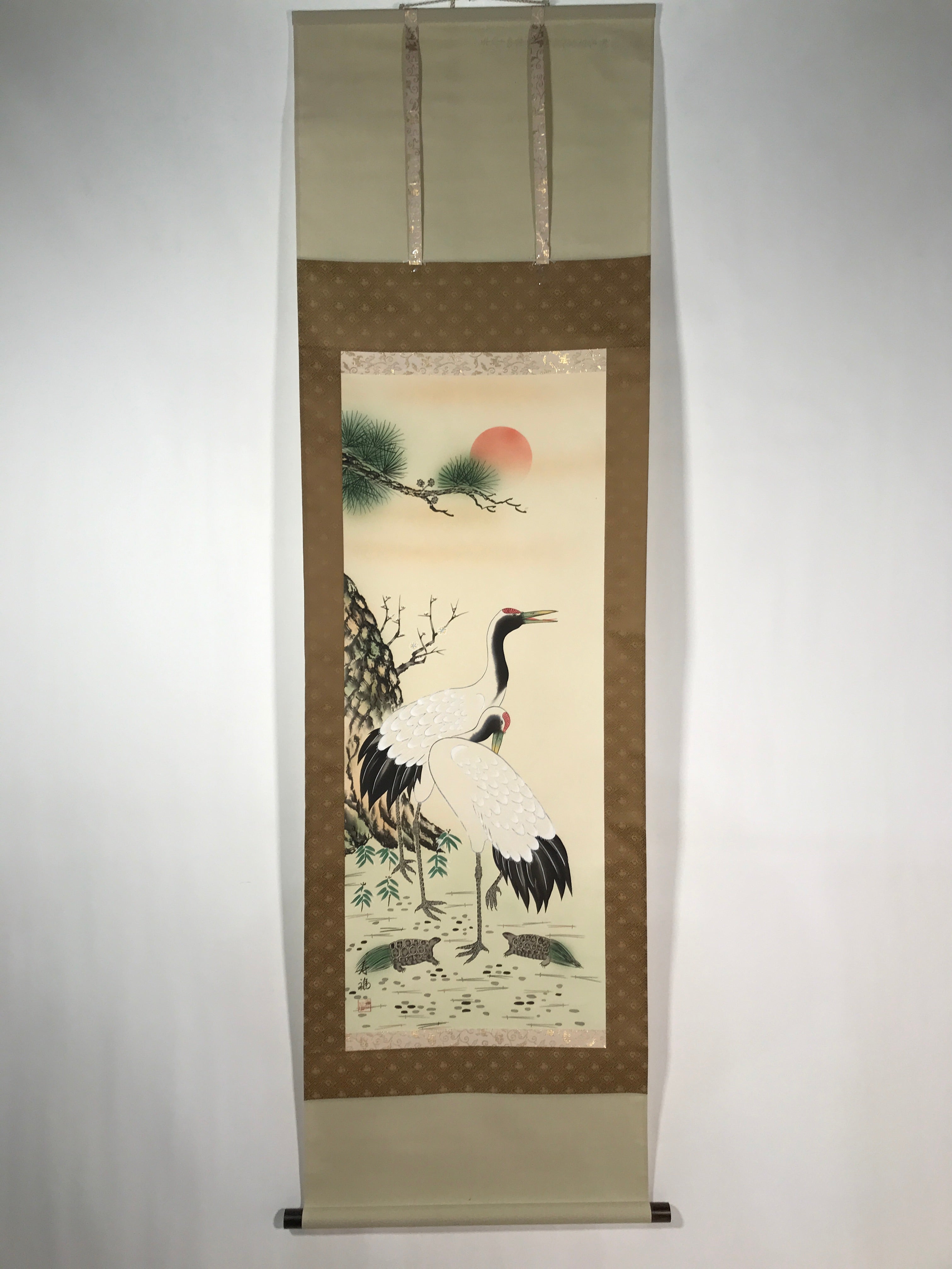 Japanese Hanging Scroll Vtg Kakejiku Tsuru Cranes Matsu Pine Trees Color KJ63