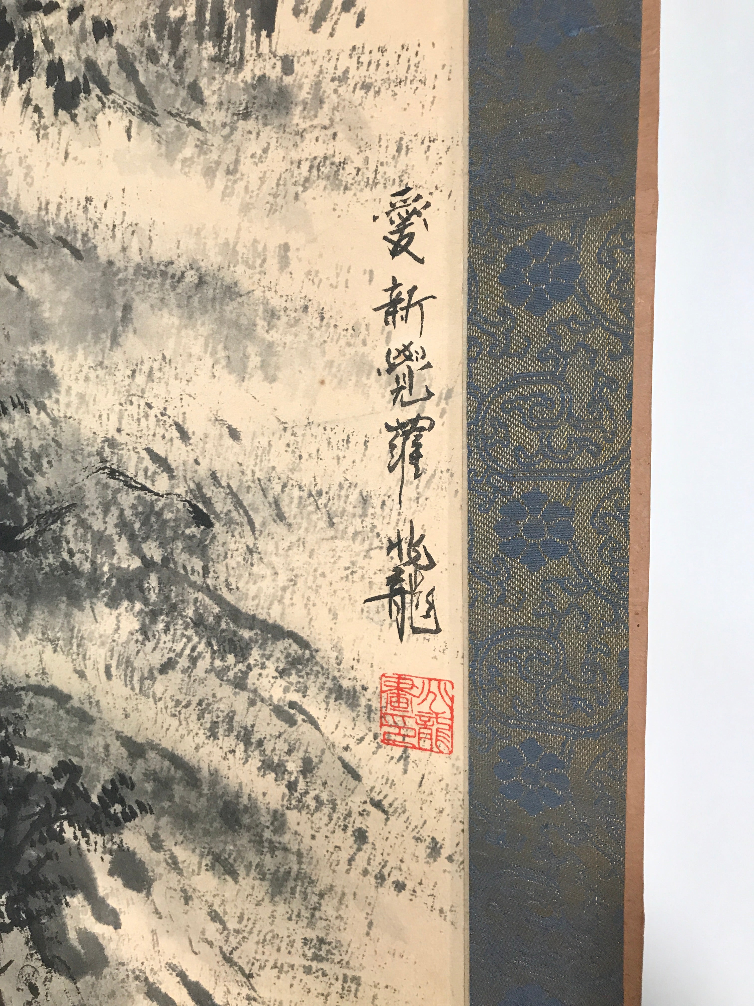 Japanese Hanging Scroll Vtg Kakejiku Waterfall Landscape Ink Black White KJ61