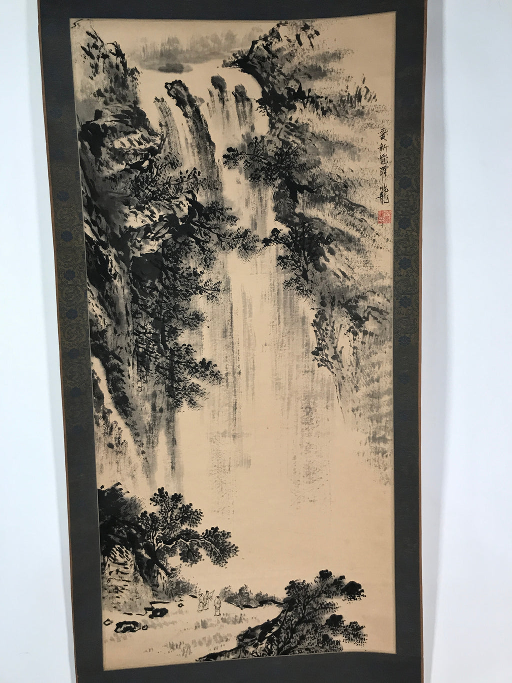 Japanese Hanging Scroll Vtg Kakejiku Waterfall Landscape Ink Black White KJ61